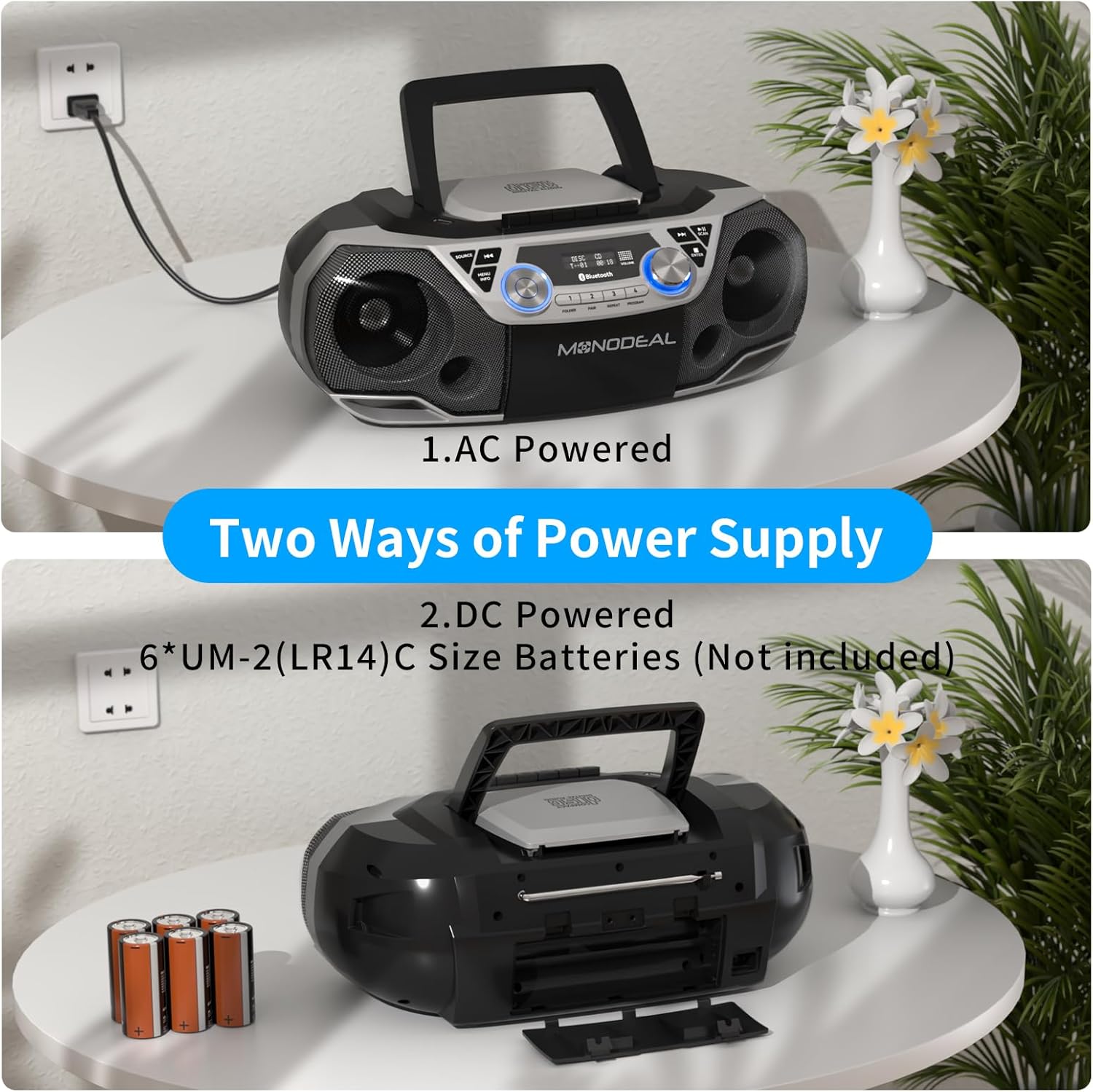 MONODEAL CD Player & Cassette Tape Player with Bluetooth, Powerful Stereo CD Player Boombox with X-BASS,CD and Cassette Player Combo,FM/USB/AUX & Remote, Tape Recording, Sleep Timer, AC/DC Powered