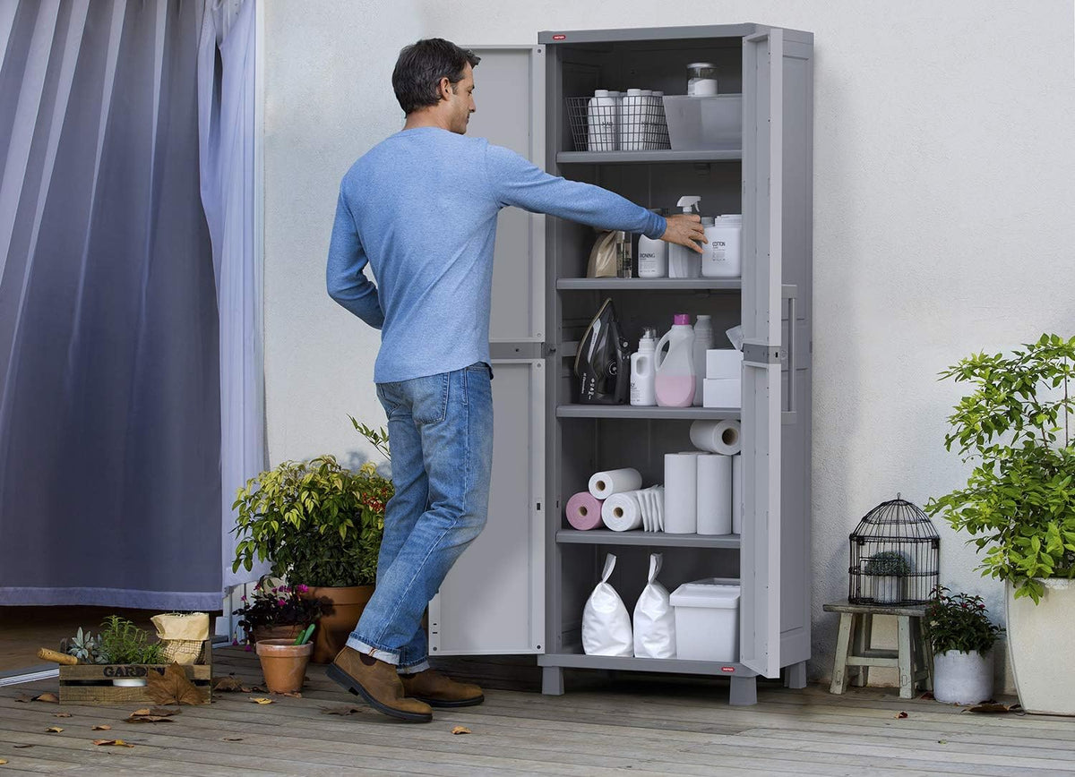 Keter Storage Cabinet with Doors and Shelves for Laundry Room, Garage, Bathroom Accessories, Closet and Home Organization, White & Grey