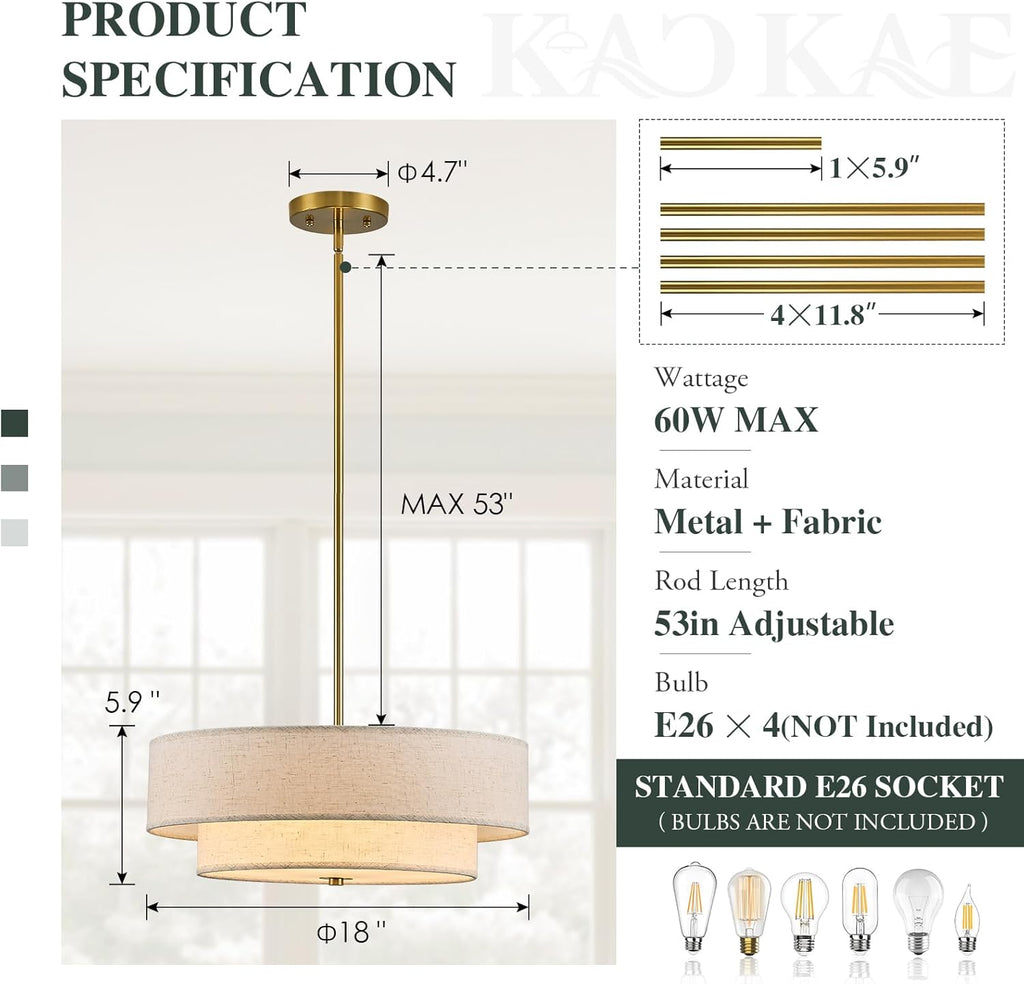 Gold Modern Chandelier 18'' Drum Chandeliers with 2-Layer Fabric Shade 4-Light Linen Pendant Light Fixture for Dining Room Bedroom Kitchen Hallway Foyer