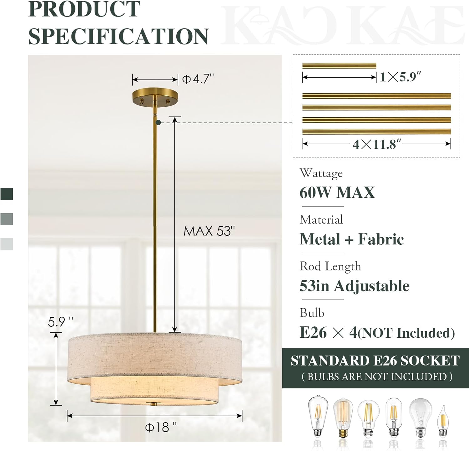 Gold Modern Chandelier 18'' Drum Chandeliers with 2-Layer Fabric Shade 4-Light Linen Pendant Light Fixture for Dining Room Bedroom Kitchen Hallway Foyer