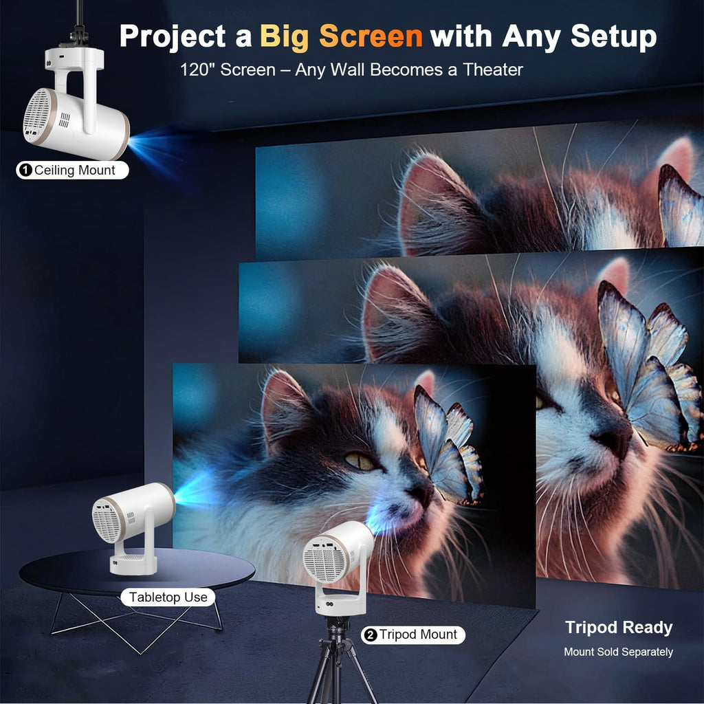 Built-in Apps 2-in-1 Portable Projector & LED Night Light, Smart Projector with WiFi and Bluetooth, Supports 4K/1080P, Electric Focus/Enhanced Speaker, Home Movie Projector for Bedroom