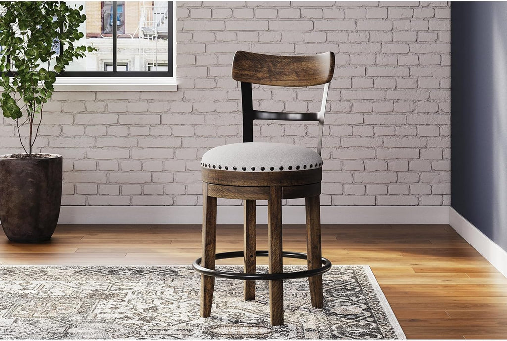 Signature Design by Ashley Valebeck Swivel Barstool With Back, Rustic-Industrial Wood and Metal, 360-Degree Swivel Counter Height Stool for Kitchen Island Seating, Linen Color