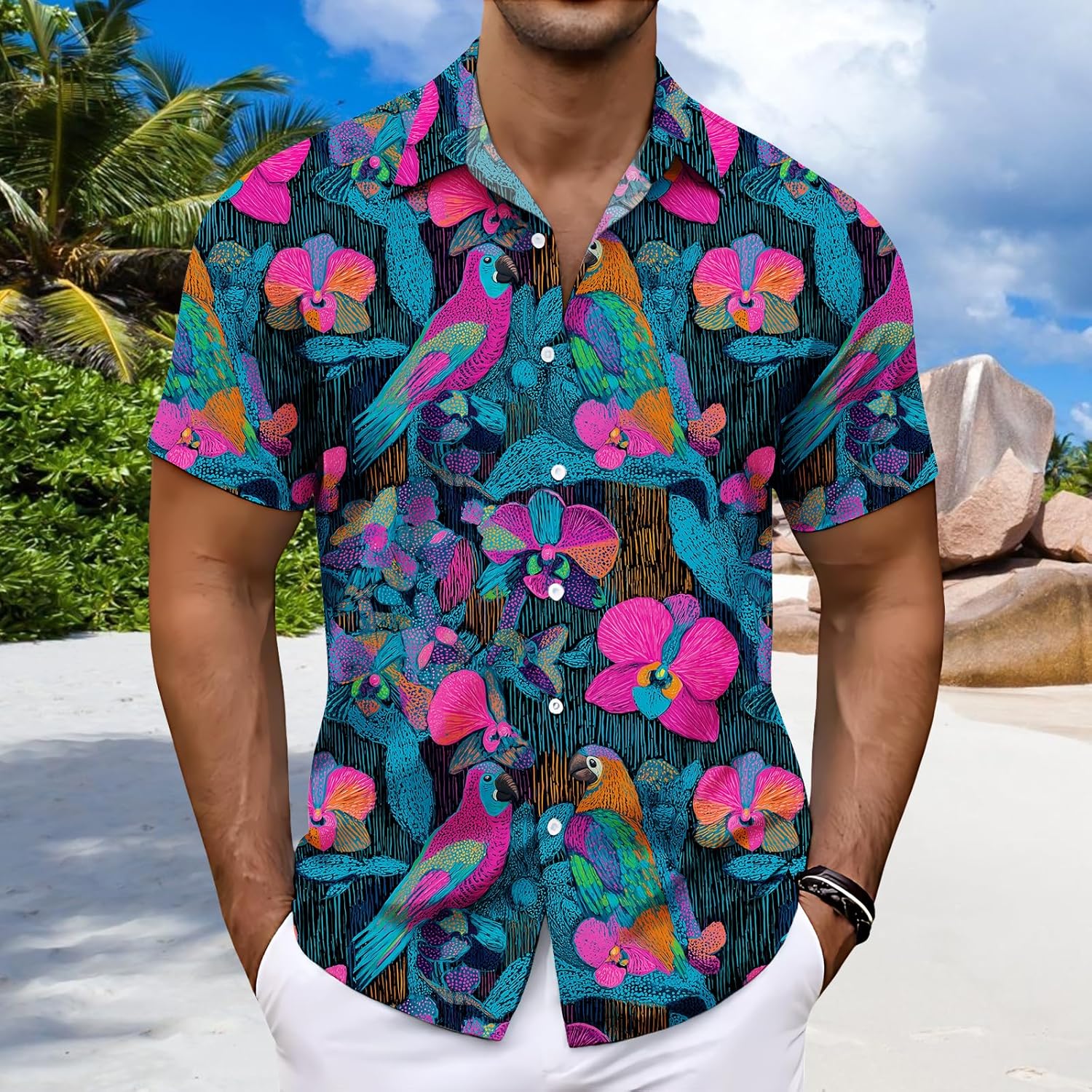 Mens Summer Shirts V Neck Beach Vacation Tops Short Sleeve Hawaiian Print Shirt for Men Funny Graphic Casual Hawaii Graphic