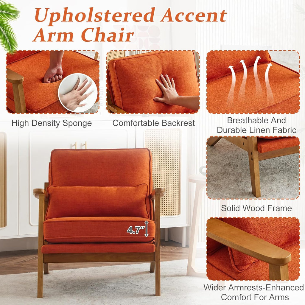 Vingli Solid Wood Wide Armrests Accent Chair Set of 2,Upholstered Mid Century Modern Chair with Pillow,Farmhouse Arm Chair Comfy Reading Chair,Chairs Living Room,Bedroom,Guest Room,Linen Fabric,Orange