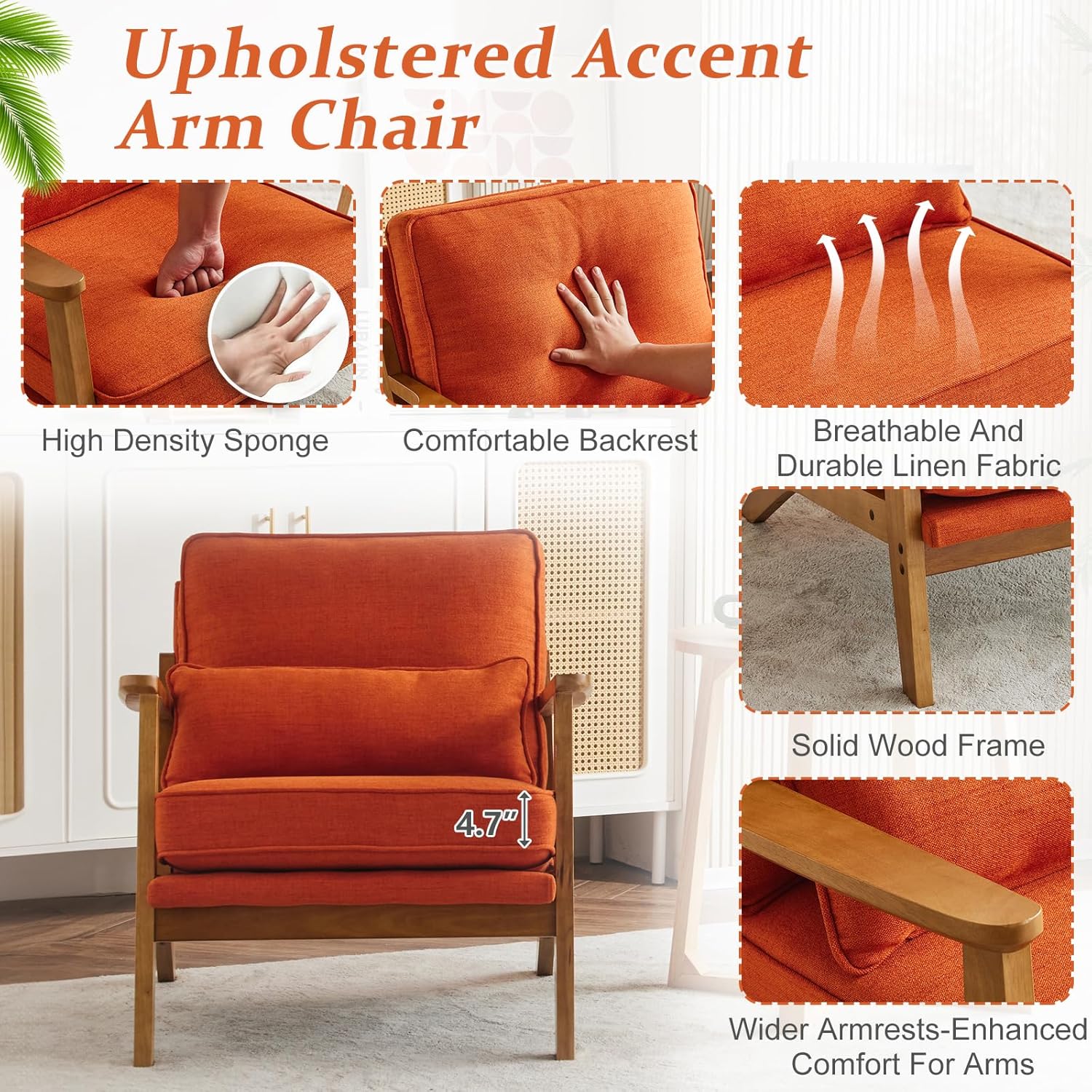 Vingli Solid Wood Wide Armrests Accent Chair Set of 2,Upholstered Mid Century Modern Chair with Pillow,Farmhouse Arm Chair Comfy Reading Chair,Chairs Living Room,Bedroom,Guest Room,Linen Fabric,Orange