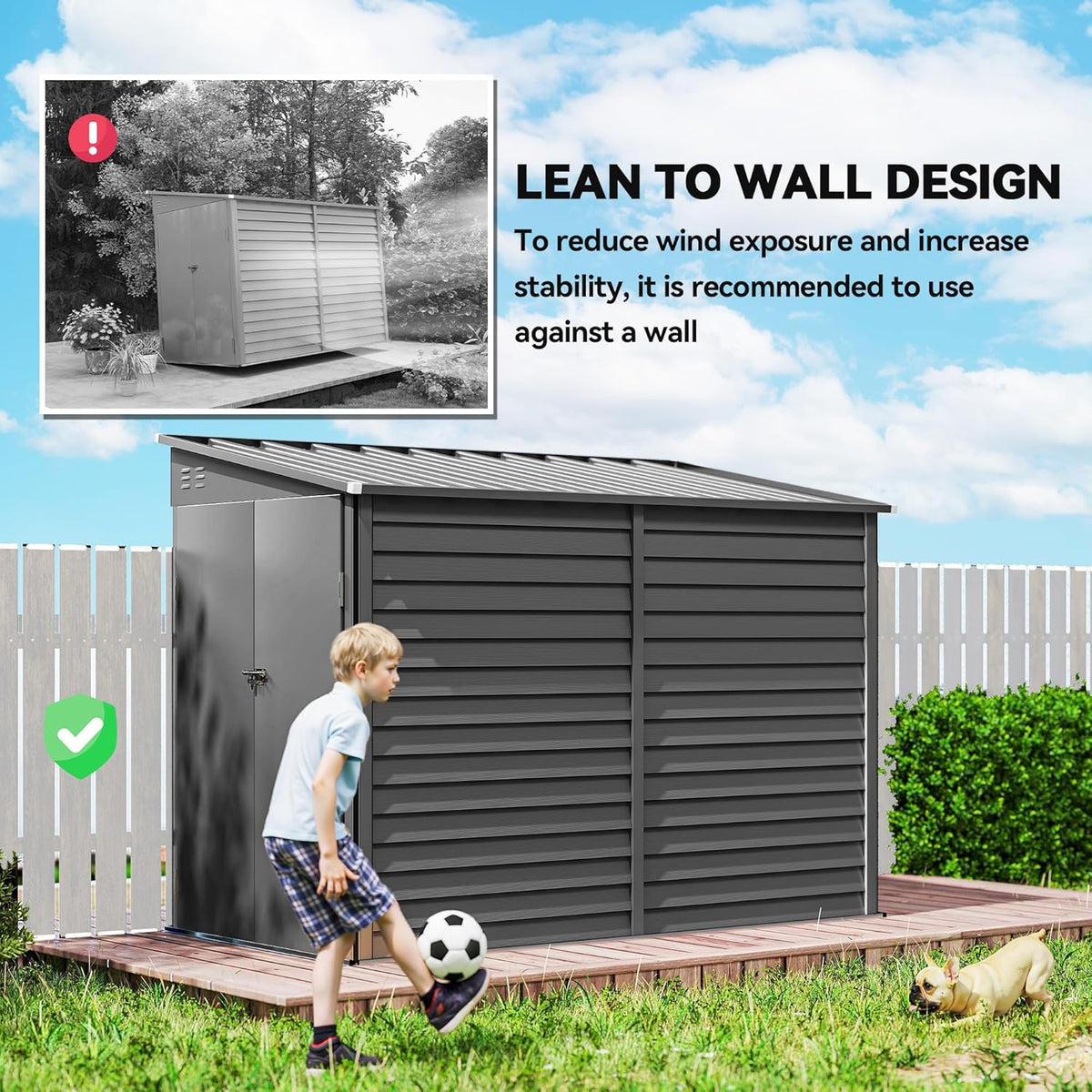 Outsunny 4.6' x 9' Steel Outdoor Storage Shed, Waterproof Lean to Shed, Metal Garden Tool House with Foundation Kit, Lockable Doors, Gloves and 2 Air Vents for Backyard, Patio, Lawn, Dark Gray