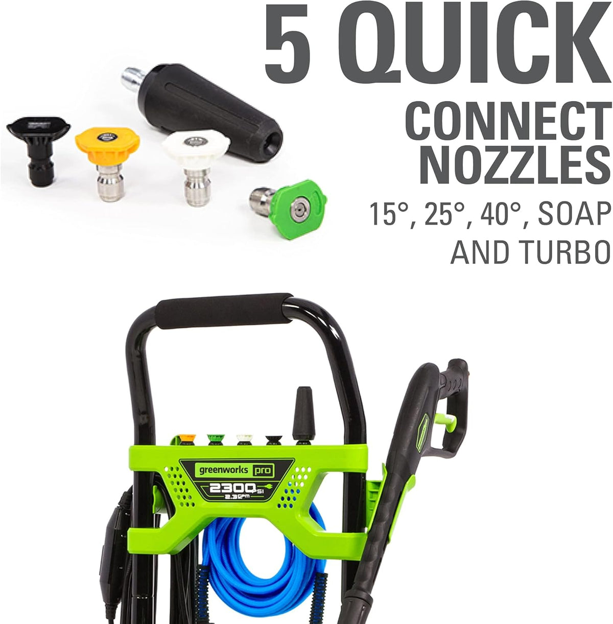 Greenworks 2300 PSI TruBrushless (2.3 GPM) Electric Pressure Washer, 25' Hose, Quick Connect Wand, 15, 24, 40 Degree Soap and Turbo Nozzle