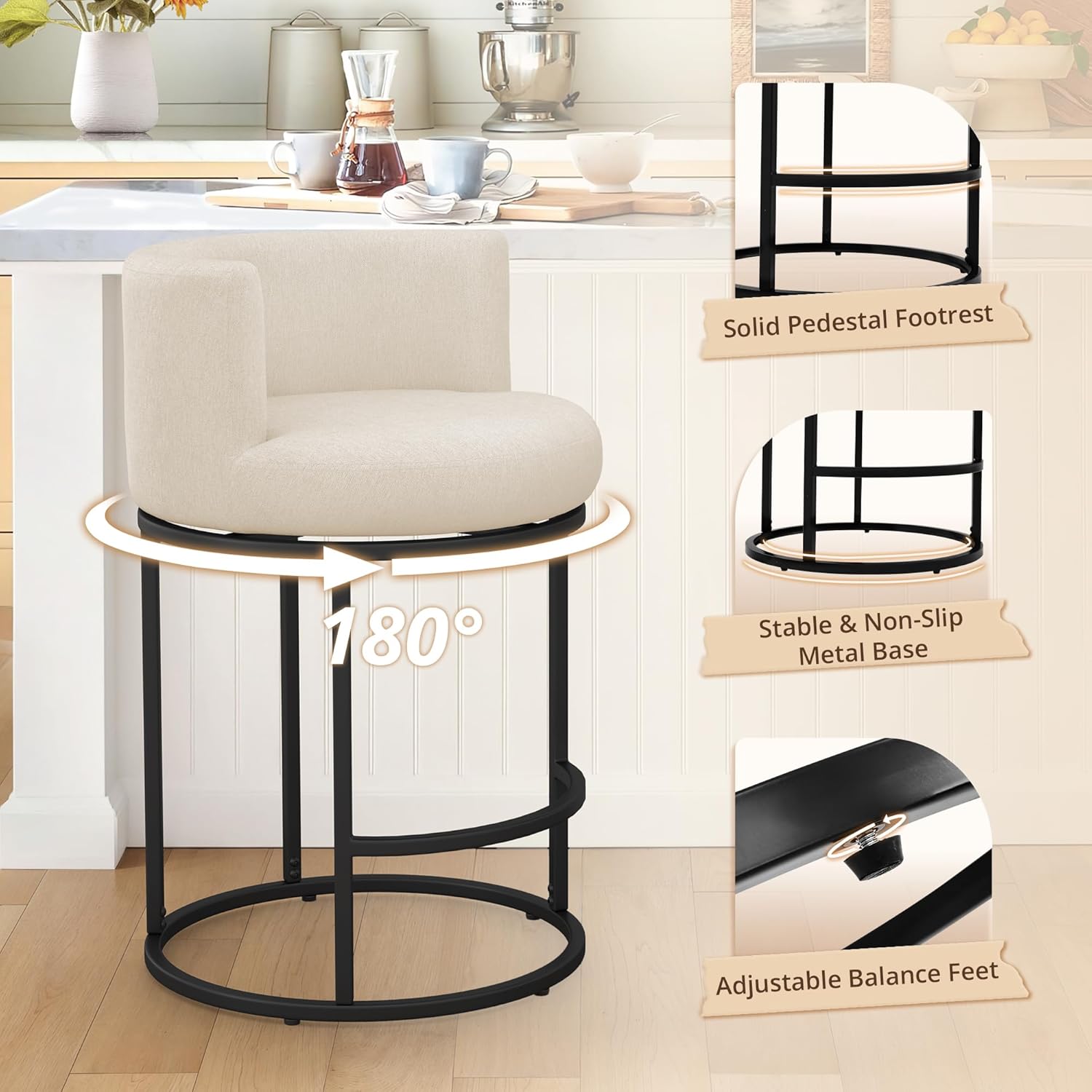 LUE BONA 26.8" Counter Height Bar Stools Set of 3, 180° Swivel Bar Stools, Modern Barrel Counter Stools with Back and Metal Frame, Fabric Upholstered Barstools for Kitchen Island, Linen Color