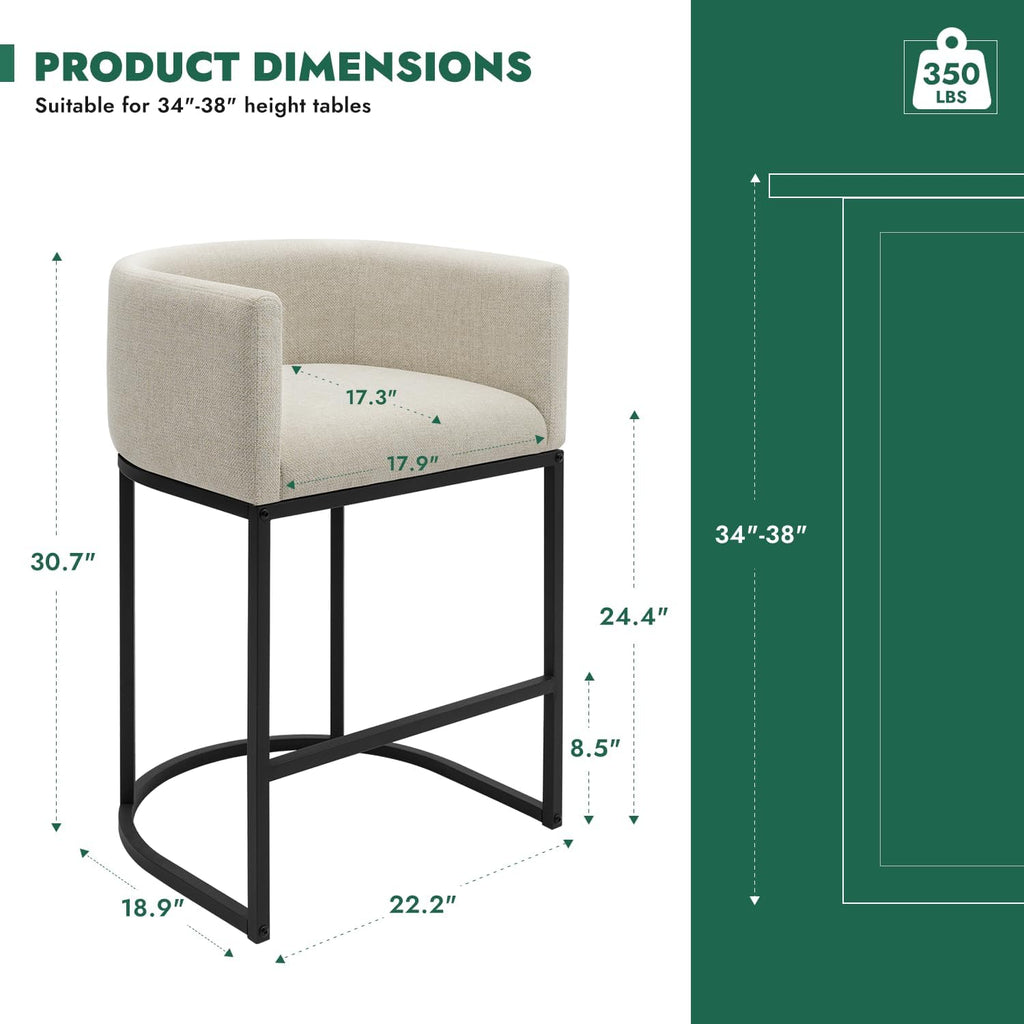 Counter Height Bar Stools Set of 2, 24 Inch Seat Height Barstools for Dining Room, Fabric Upholstered Bar Chair for Kitchen Island, Linen Counter Stools with Metal Legs, Beige
