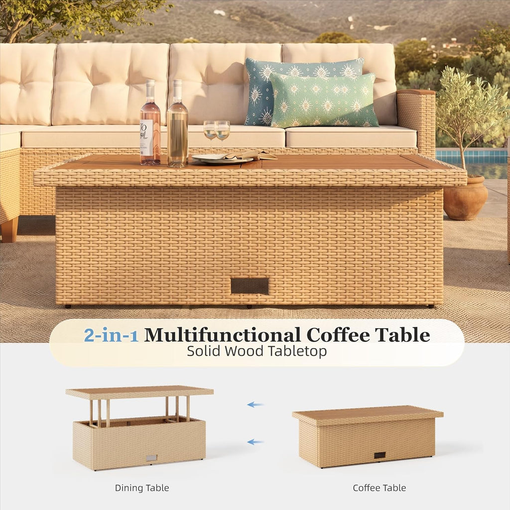 HERA'S HOUSE Patio Furniture Set, 8 Piece Wicker Outdoor Patio Conversation Set, Outside L-Shaped Sectional Sofa Couch with 1 Height Adjustable Table, Chaise Lounge and 2 Ottomans for Yard and Lawn