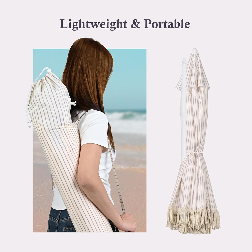 LAGarden Ocean Windproof 6Ft Outdoor Fringe Umbrella Tilting Beach Umbrellas for Sand Portable with Carry Bag Patio Yard Picnic Table Garden Lawn Deck Wedding Pool Party Event