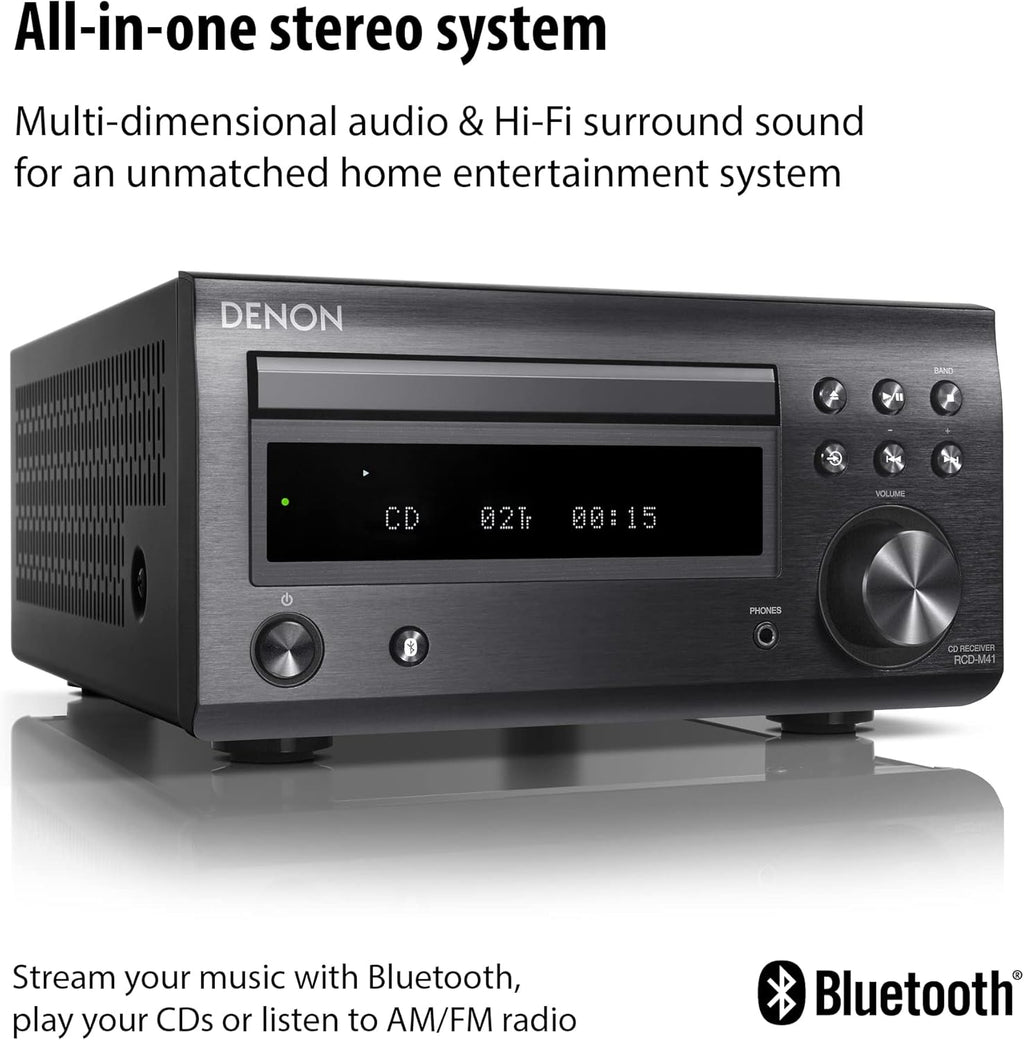Denon D-M41 Home Theater Mini Amplifier and Bookshelf Speaker Pair - Compact HiFi CD Stereo System with Speakers, FM/AM Tuner, Wireless Bluetooth Amplifier | Perfect for Small Rooms and Home Cinema