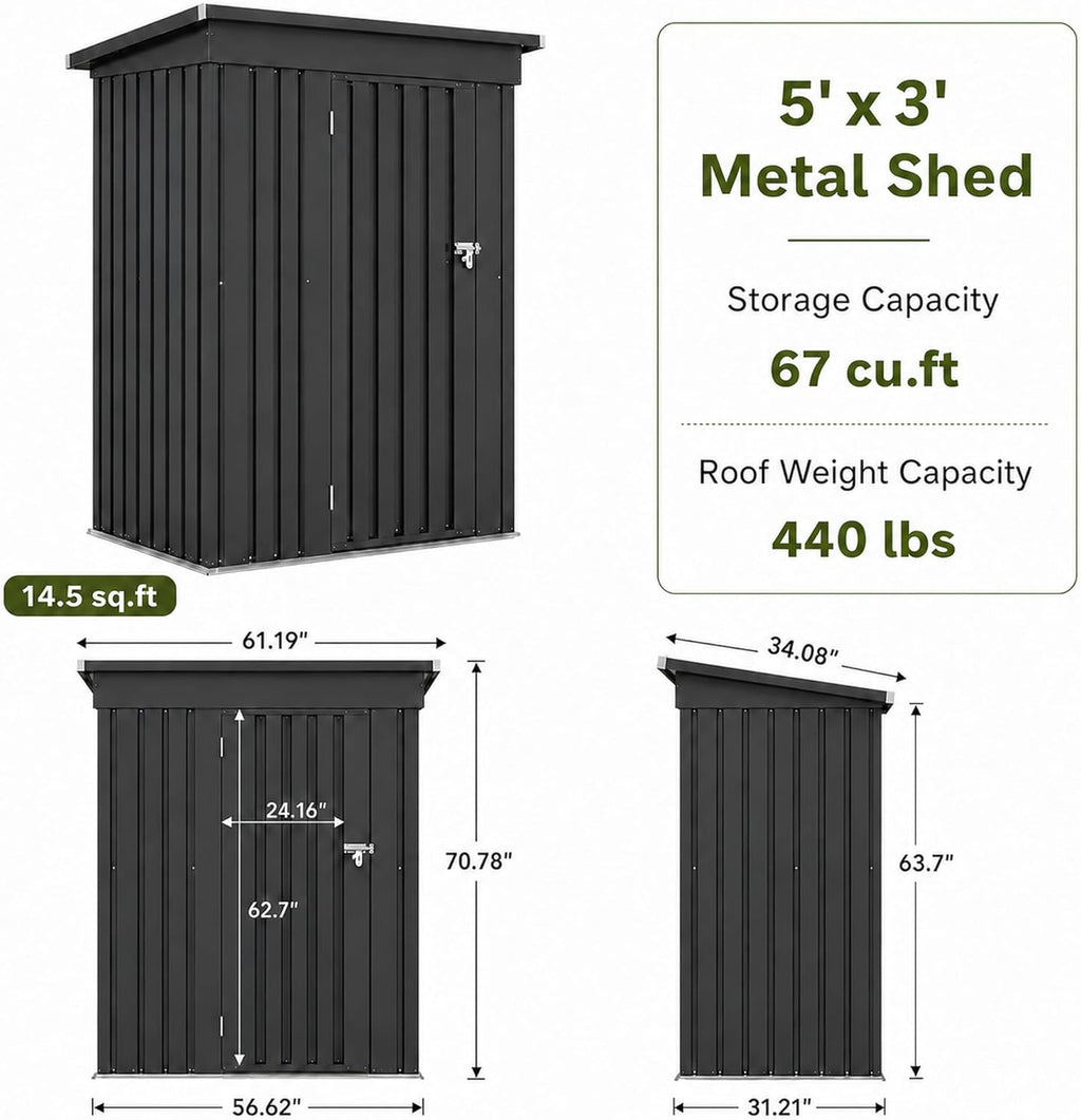 5x3 FT Outdoor Storage Shed, Metal Tool Shed with Sloping Roof and Lockable Door, Waterproof Garden Shed for Backyard, Patio, Lawn and Outdoor Storage, Black