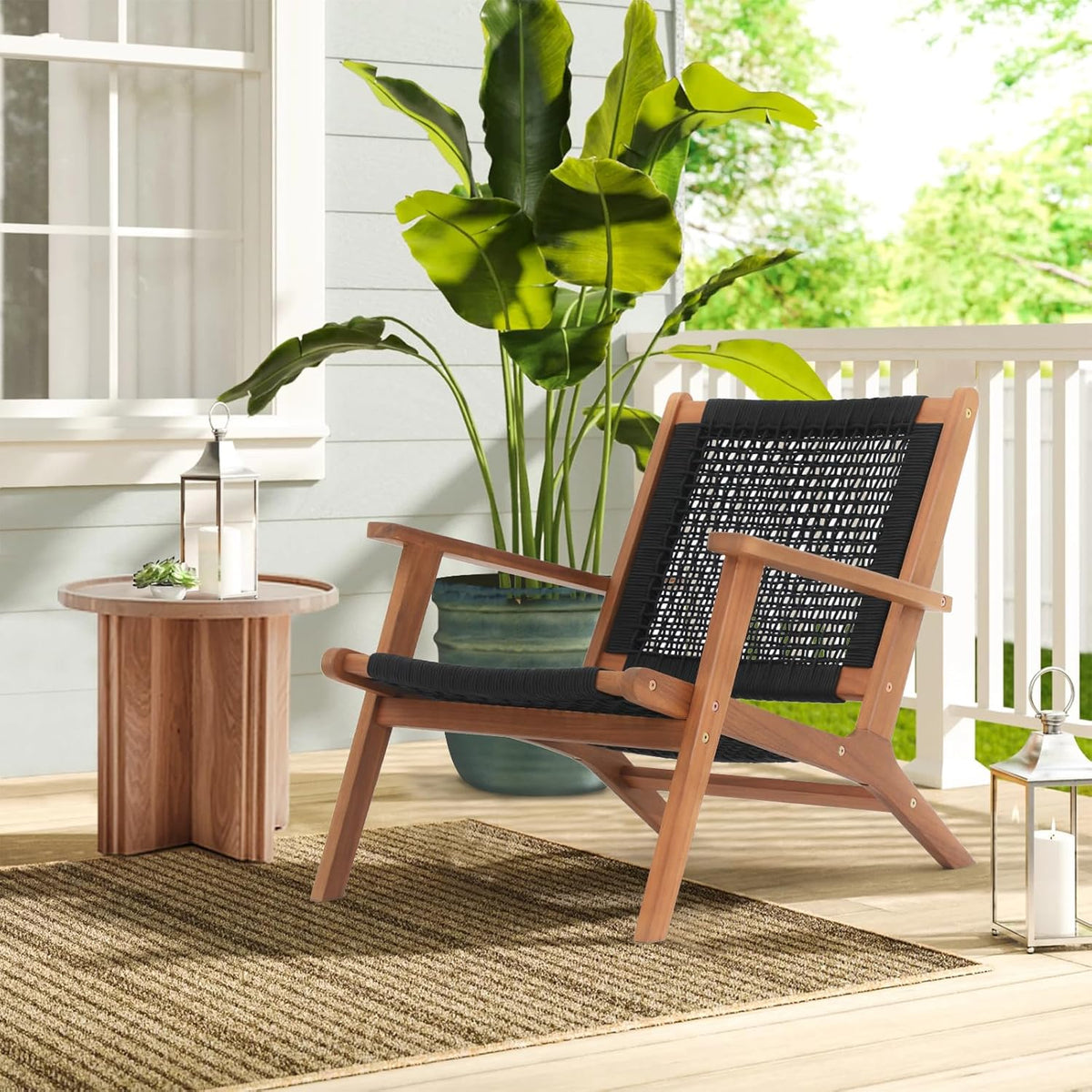 Verano Garden Mid Century Modern Accent Armchair Set of 2, Reading Lounge Chair with Handwoven Rope and Solid Acacia Wood Frame for Living Room, Bedroom, Patio,Balcony