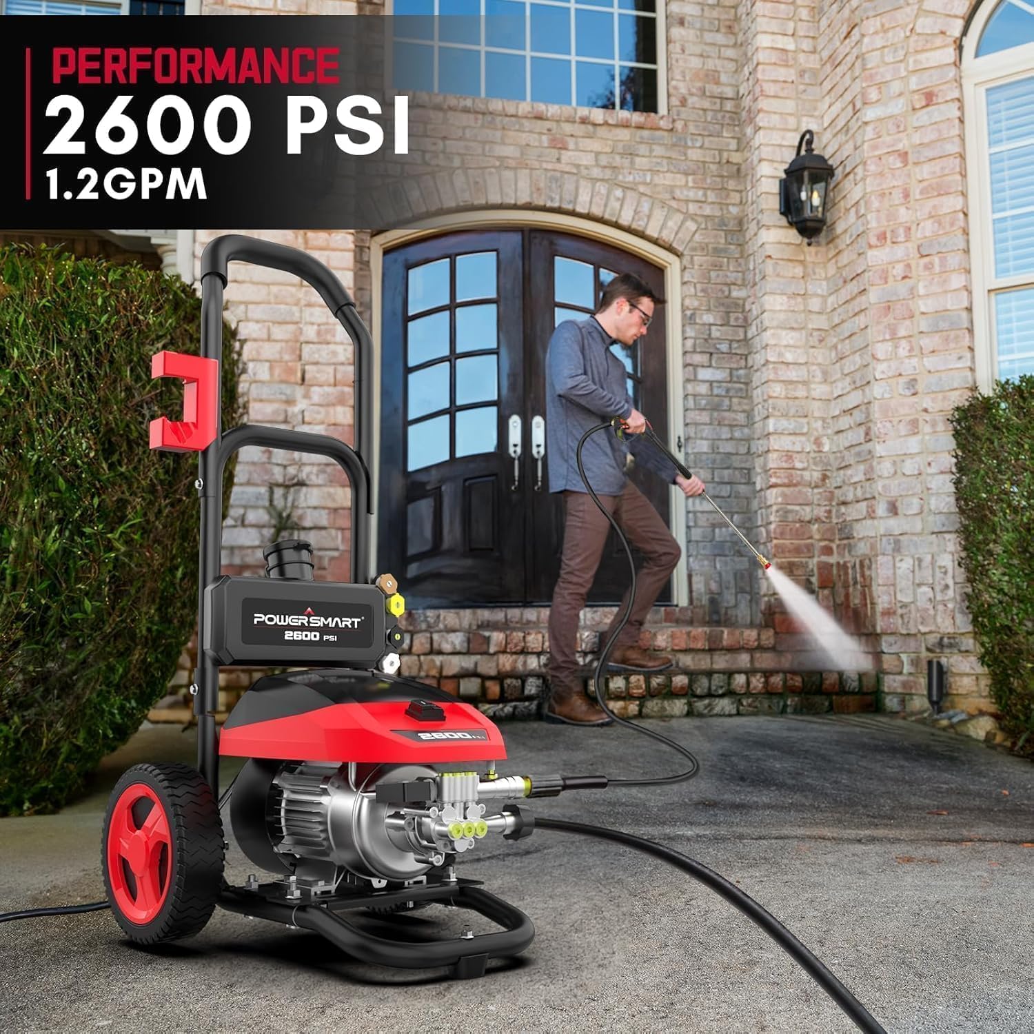 PowerSmart 3000 PSI Max Electric Pressure Washer-1.2 GPM Brushless Motor Power Washer with 5 Nozzles, GFCI Protection, 8” Wheels and Soap Tank, for Car, Patio, Fence, Driveway Cleaning