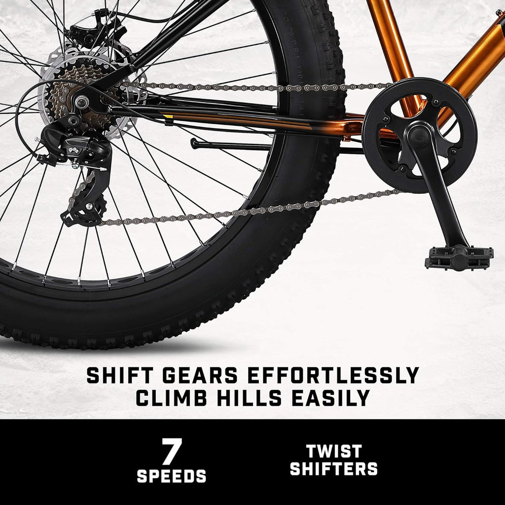 Mongoose Argus Trail or ST Fat Tire Mountain Bike, 20, 24 or 26 Inch Bike for Kids and Adults, 7 or 16 Speed, Aluminum or Steel Frame, Knobby Mountain Fat Tires, Mechanical Disc Brakes