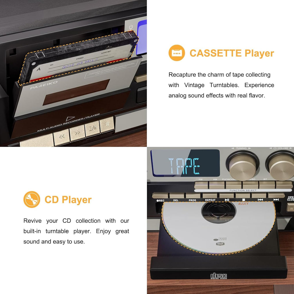 10 in 1 Record Player with Bluetooth Turntable CD Cassette USB SD MMC AM FM Radio Remote Control with Dual External Stereo Speakers