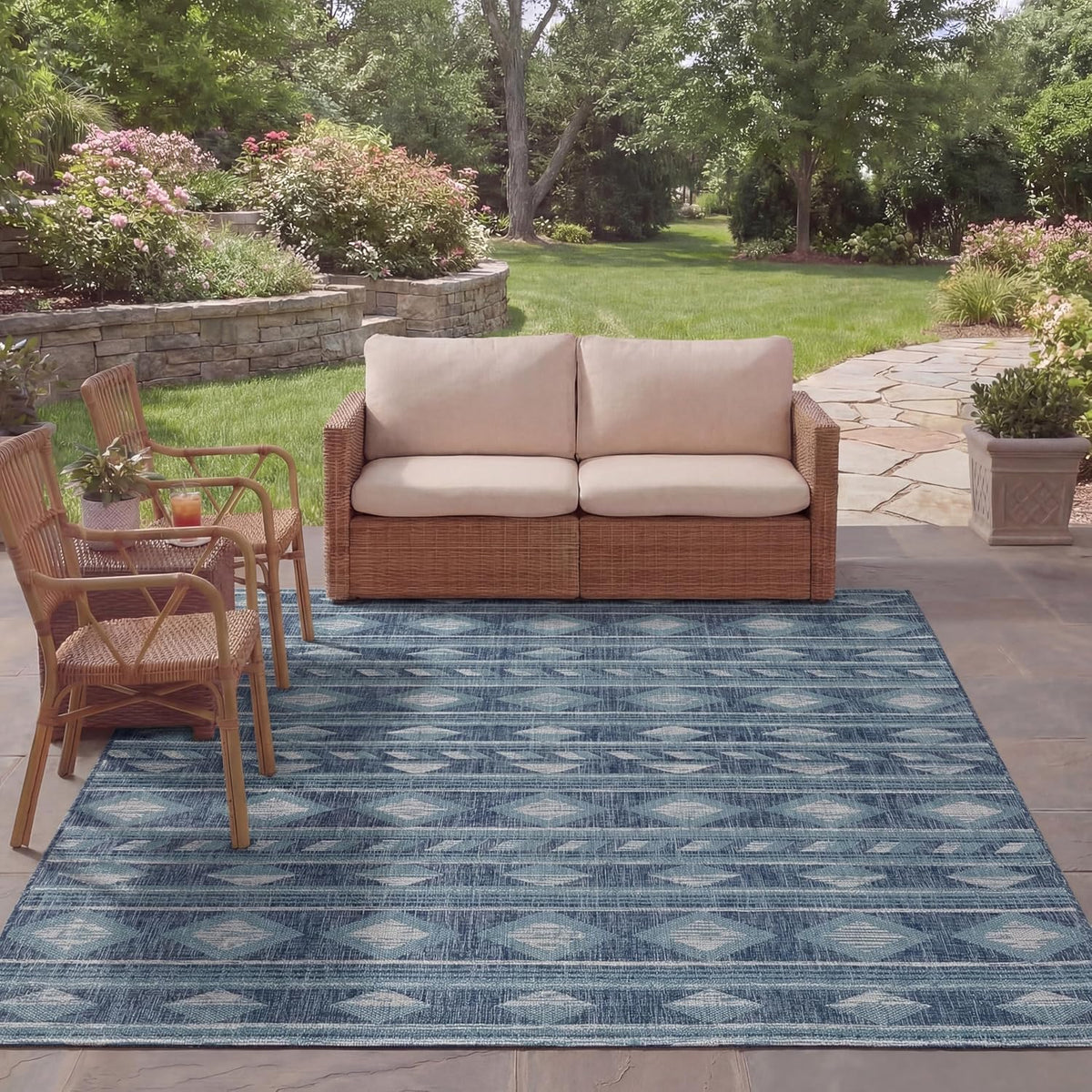 SAFAVIEH Courtyard Collection 8' x 10' Navy / Aqua CY8529 Indoor/ Outdoor Waterproof Easy Cleaning Patio Backyard Mudroom Area Rug