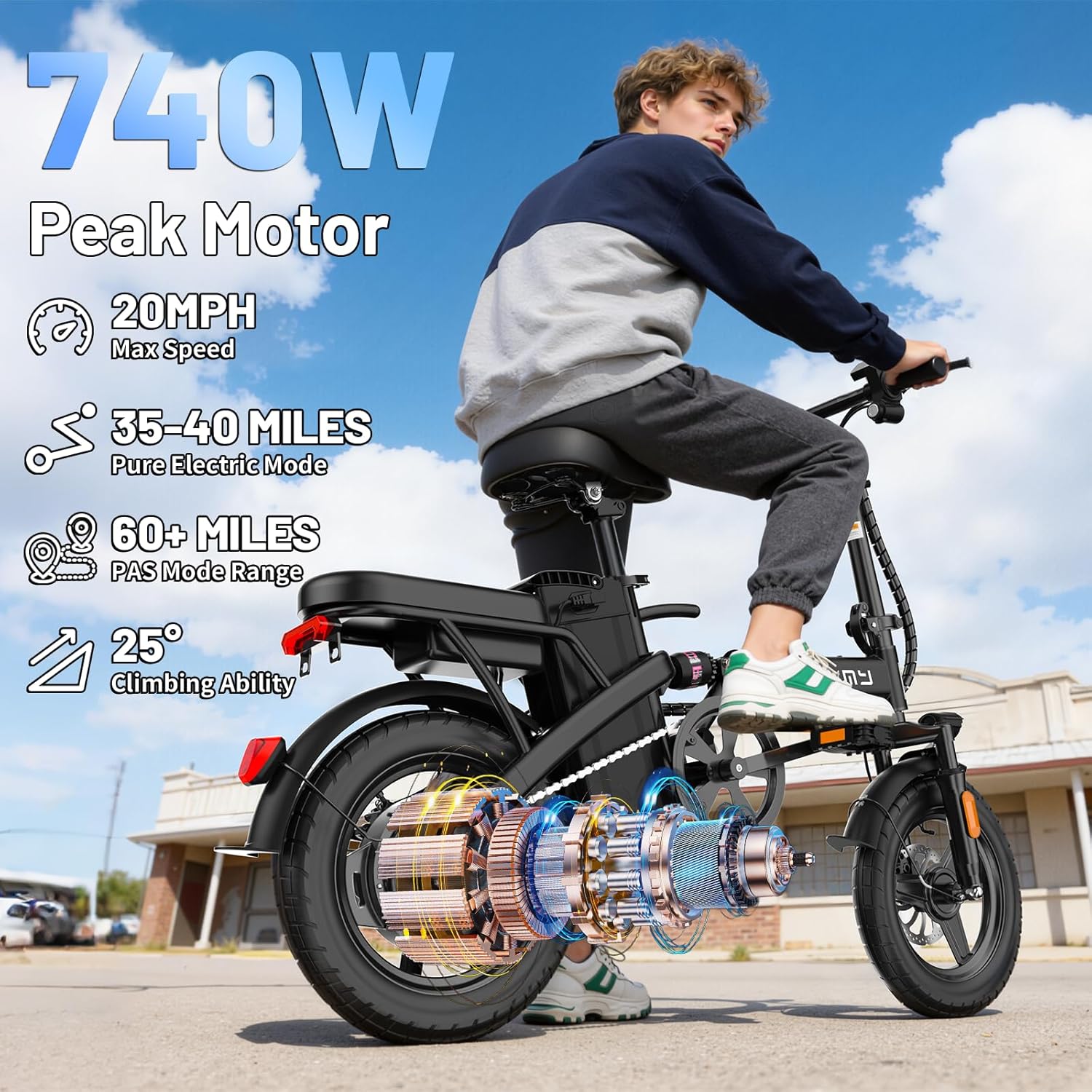 Foldable Electric Bike for Adults and Teens, 740W Peak Motor Ebike with 48V 10AH/20AH Removable Battery, 30-60 Miles PAS Range, 14" Folding Mini E-Bike, 20MPH Electric Bicycle for Daily Commuting