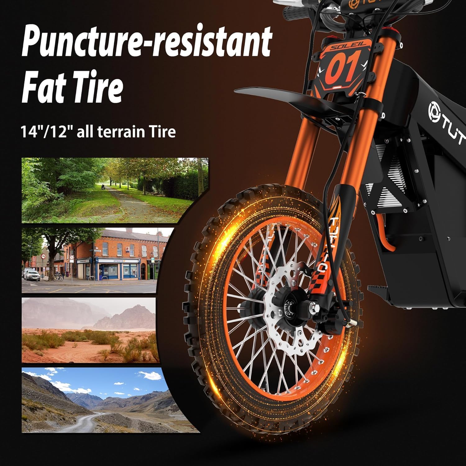 Tuttio Soleil01 Electric-Dirt-Bike for Teens Adults, 14"/12" Fat Tire 2000W 37MPH Electric-Motorcycle with 48V 21AH Battery Ebike 200NM Hydraulic Brakes Mountain Off-Road EBike