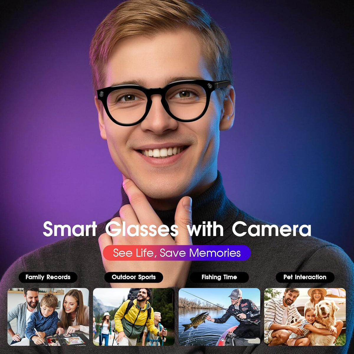 AI Smart Glasses with Camera 4K, 8MP HD Recording Glasses with Open-Ear Sound, Real-Time Translation, Smart Wearable Tech & AI Assistant, Video Recording Glasses with Bluetooth for Life & Travel