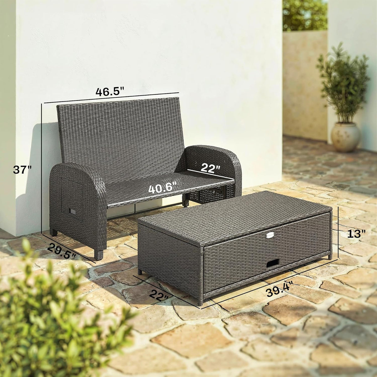 Outsunny Patio Rattan Daybed, Wicker Outdoor Daybed with Storage Ottoman, Loveseat Sofa with Adjustable Backrest, Side Tables, Cushions, Headrests, Double Sunbed Lounger for Balcony, Beige