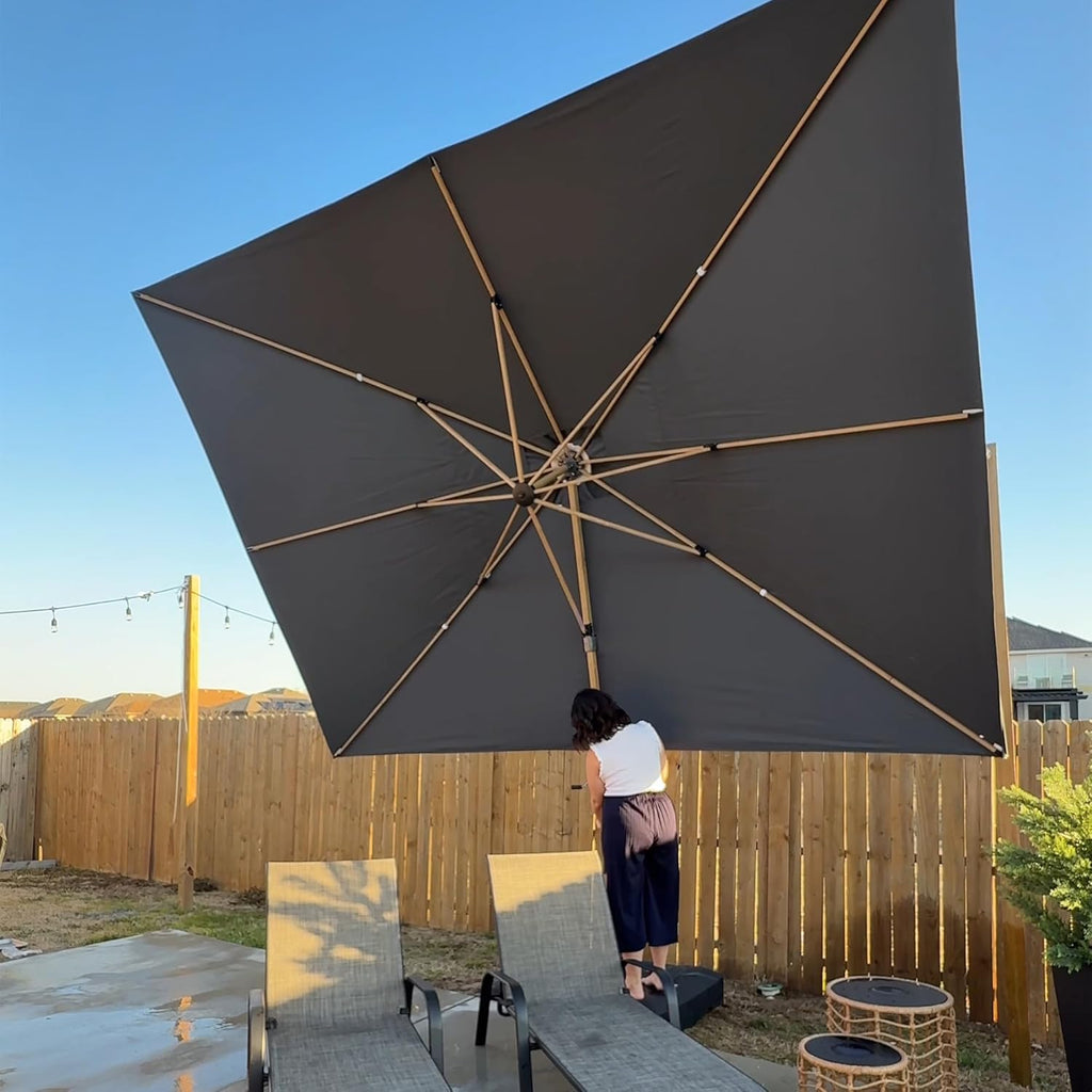 PURPLE LEAF 10' x 13' Rectangle Patio Cantilever Umbrella Large Hanging Umbrella Teak Finished Aluminum Frame Windproof Offset Outdoor Sun Umbrellas for Beach Pool Deck, Grey