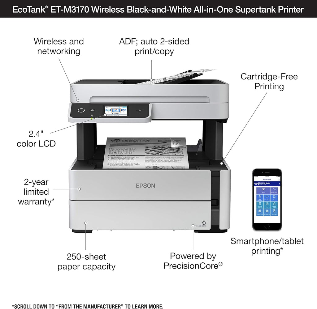 Epson EcoTank ET-M3170 Wireless Monochrome All-in-One Supertank Printer with ADF, Fax and Ethernet Plus 2 Years of Unlimited Ink*