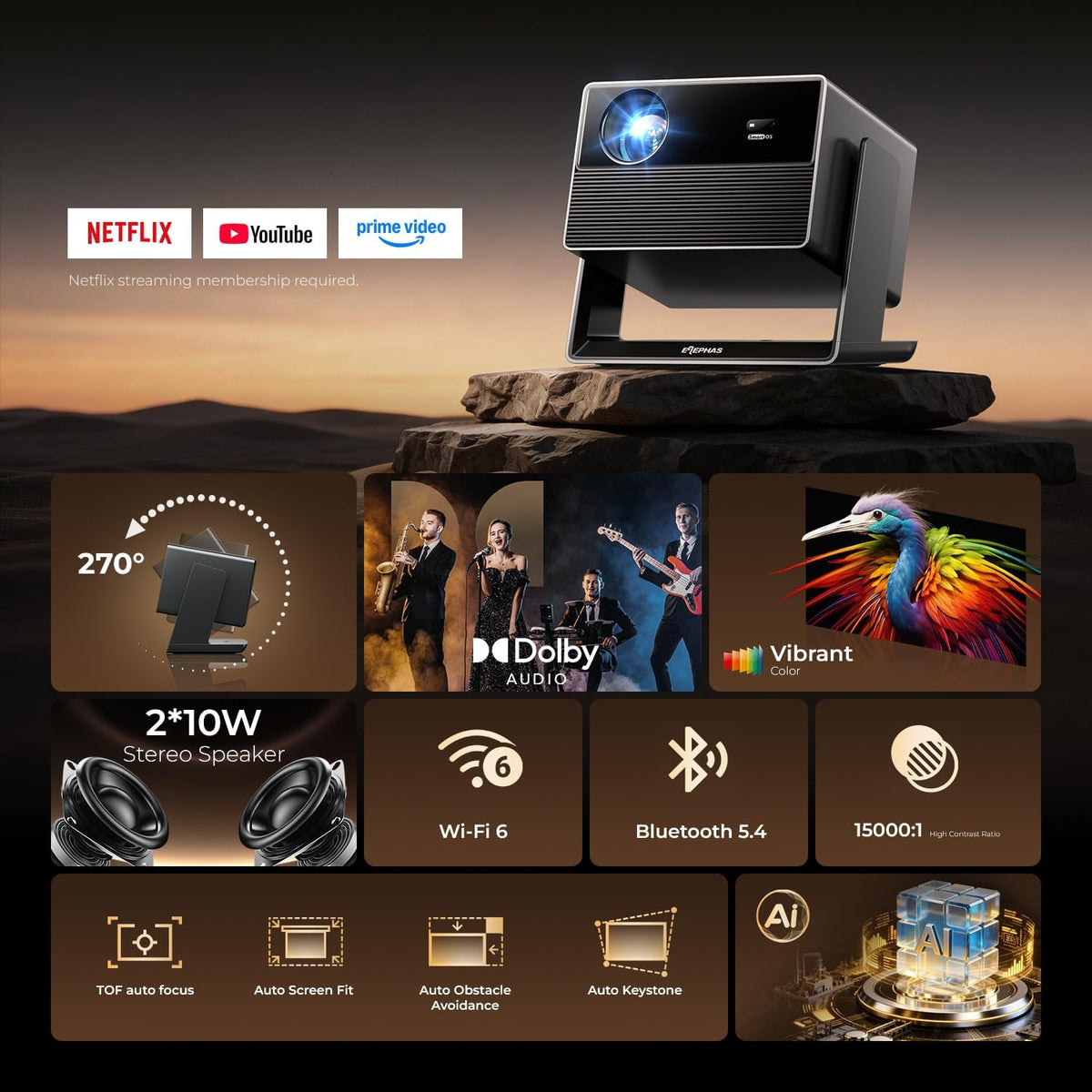 ELEPHAS Smart 4K Projector with WiFi and Bluetooth - Compatible with Netflix/Prime Video/YouTube, 270° Rotatable, AI Auto Focus & Keystone, Portable Home Theater Movie Projector for Indoor Outdoor