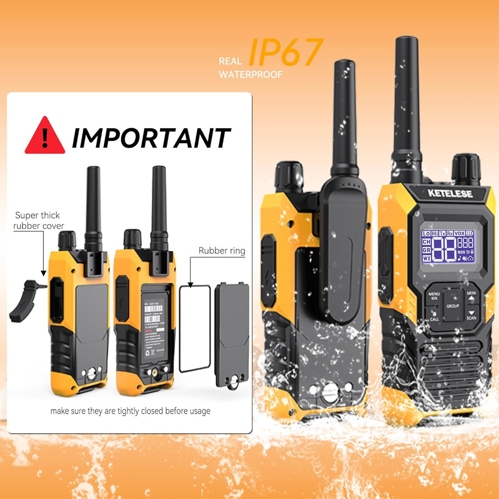 KETELESE T4 Waterproof Radios Walkie Talkies 6 Pack, IP67 FRS Two Way Radio with Headsets and Charging Base, NOAA Weather Alert,PTT,Group,VOX