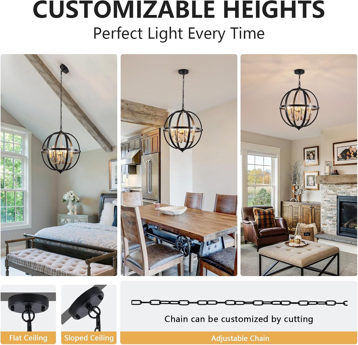 17.12'' Black and Gold Chandelier for Dining Room, 6-Light Modern Farmhouse Globe Chandelier, Metal Industrial Orb Pendant Light Adjustable Entryway Light Fixture for Kitchen Island Foyer