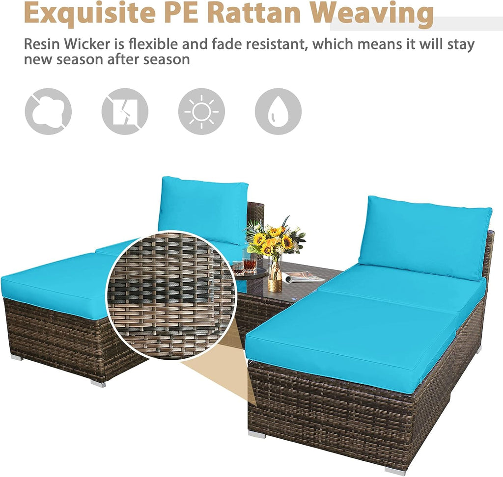Tangkula 5 Piece Wicker Lounge Chair Set, with Tempered Glass Coffee Table, Outdoor Conversation Sets w/Washable Zippered Cushions, Includes 2 Armless Sofas, 2 Ottomans and 1 Side Table (Turquoise)