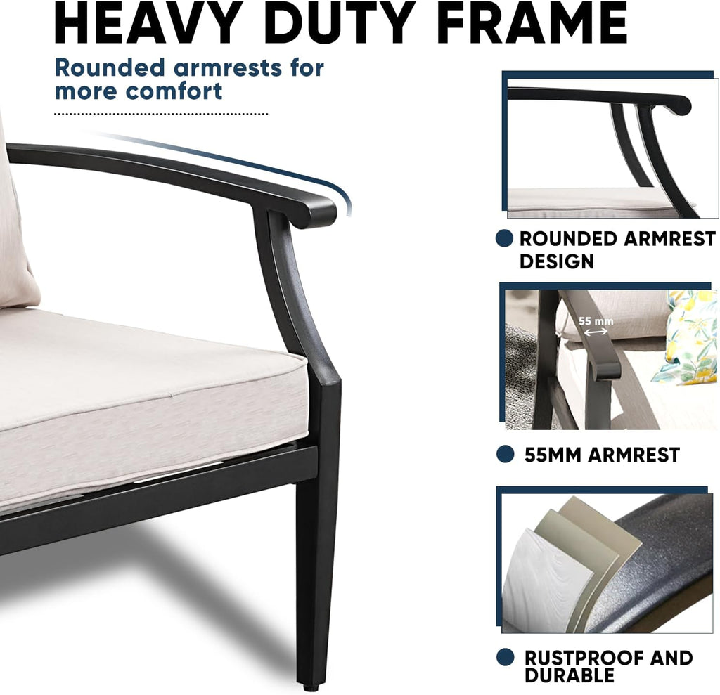 4 Piece Outdoor Patio Furniture Set, Oversized Metal Conversation Set with High Back & Deep Seating, Water-Repellent Cushions, Coffee Table for Porch, Deck, Backyard, Beige