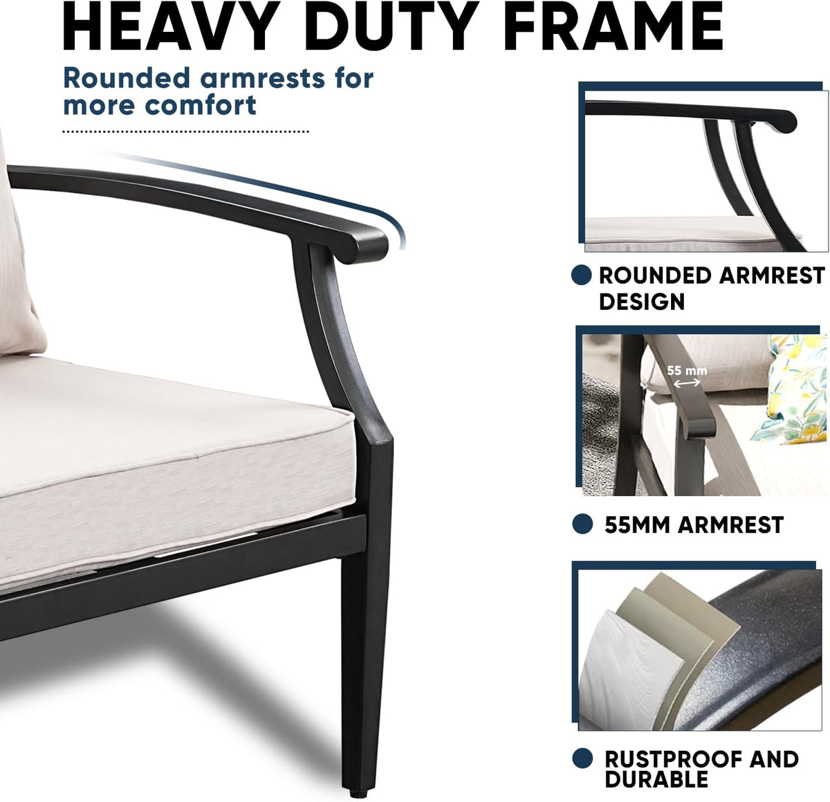 4 Piece Outdoor Patio Furniture Set, Oversized Metal Conversation Set with High Back & Deep Seating, Water-Repellent Cushions, Coffee Table for Porch, Deck, Backyard, Beige