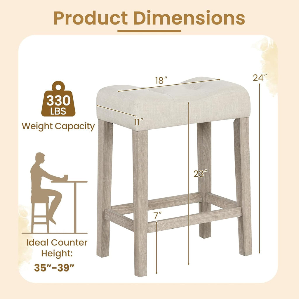 Giantex 24" Bar Stools Set of 4, Upholstered Counter Height Saddle Bar Stools with Footrest and Wood Legs, Farmhouse Button Tufted Backless Barstools for Kitchen Island, Dining Room, Cafe, Beige