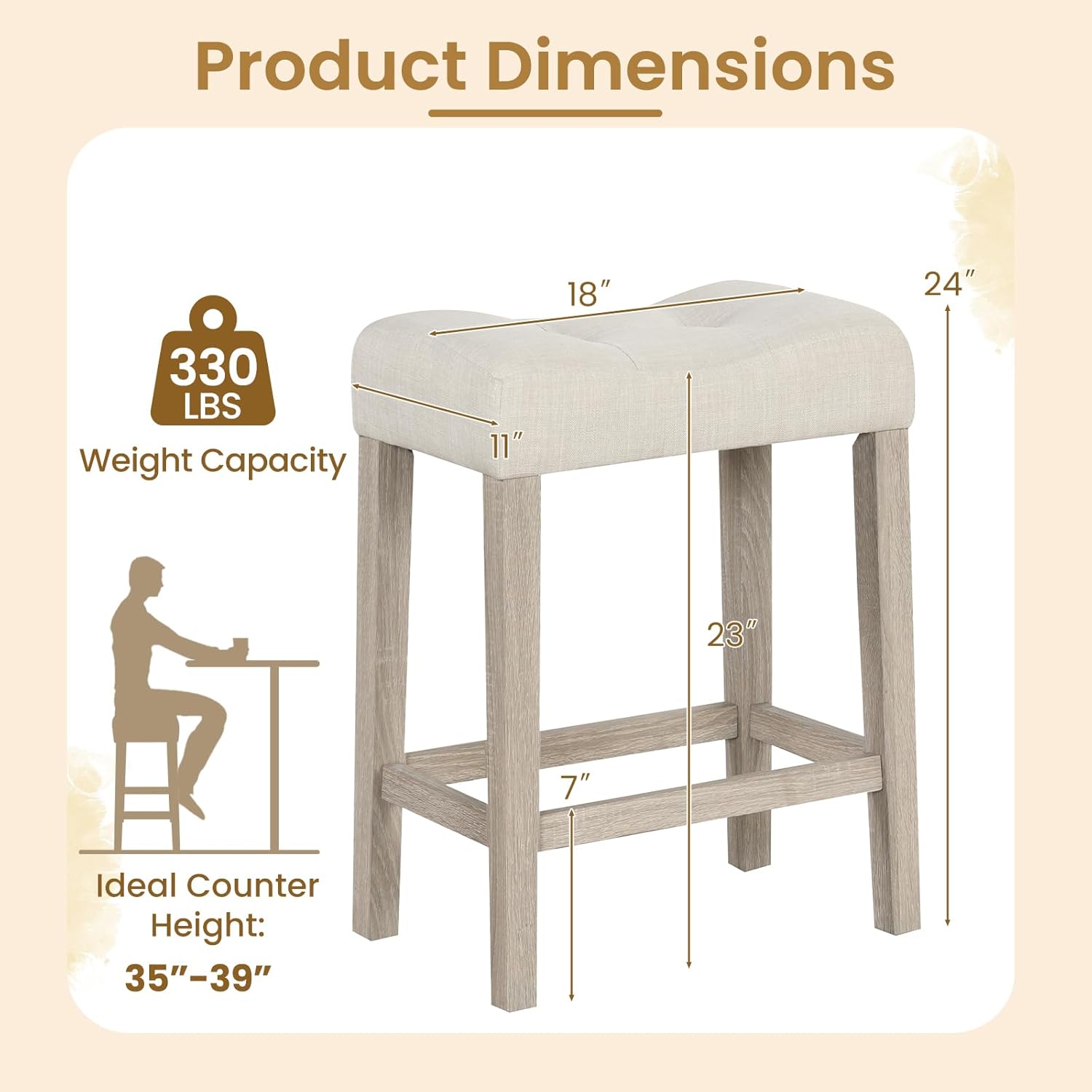 Giantex 24" Bar Stools Set of 4, Upholstered Counter Height Saddle Bar Stools with Footrest and Wood Legs, Farmhouse Button Tufted Backless Barstools for Kitchen Island, Dining Room, Cafe, Beige
