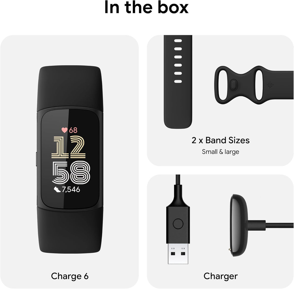 Fitbit Charge 6 Fitness Tracker with Google apps, Heart Rate on Exercise Equipment, 6-Months Premium Membership Included, GPS, Health Tools and More, Obsidian/Black, One Size (S & L Bands Included)
