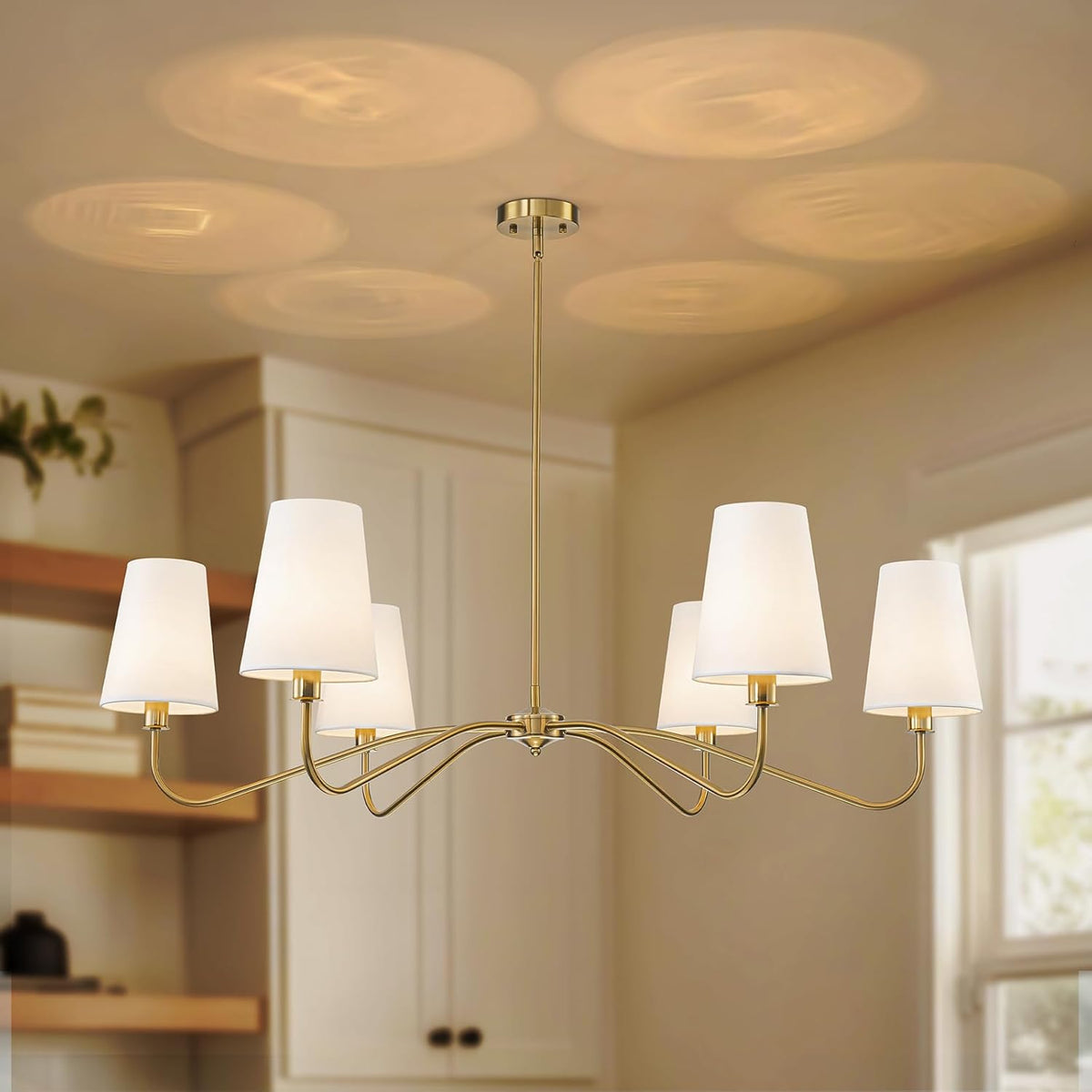 47'' Brushed Brass Chandelier with Shades, Oversized 6-Light Modern Chandelier for Living Room, Large Dining Room Light Fixture, Adjustable Brass Classic Pendant Light Fixture for Kitchen E12 Base