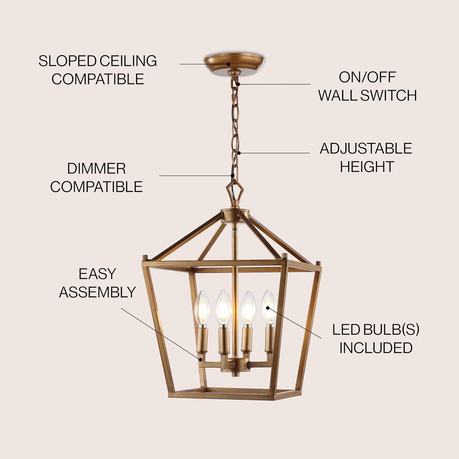 JONATHAN Y 12" Antique Gold Lantern Pendant Light, 4-Light Pagoda Style Metal Cage Farmhouse Hanging Ceiling Fixture for Kitchen Island, LED Bulb Included (JYL7436B)