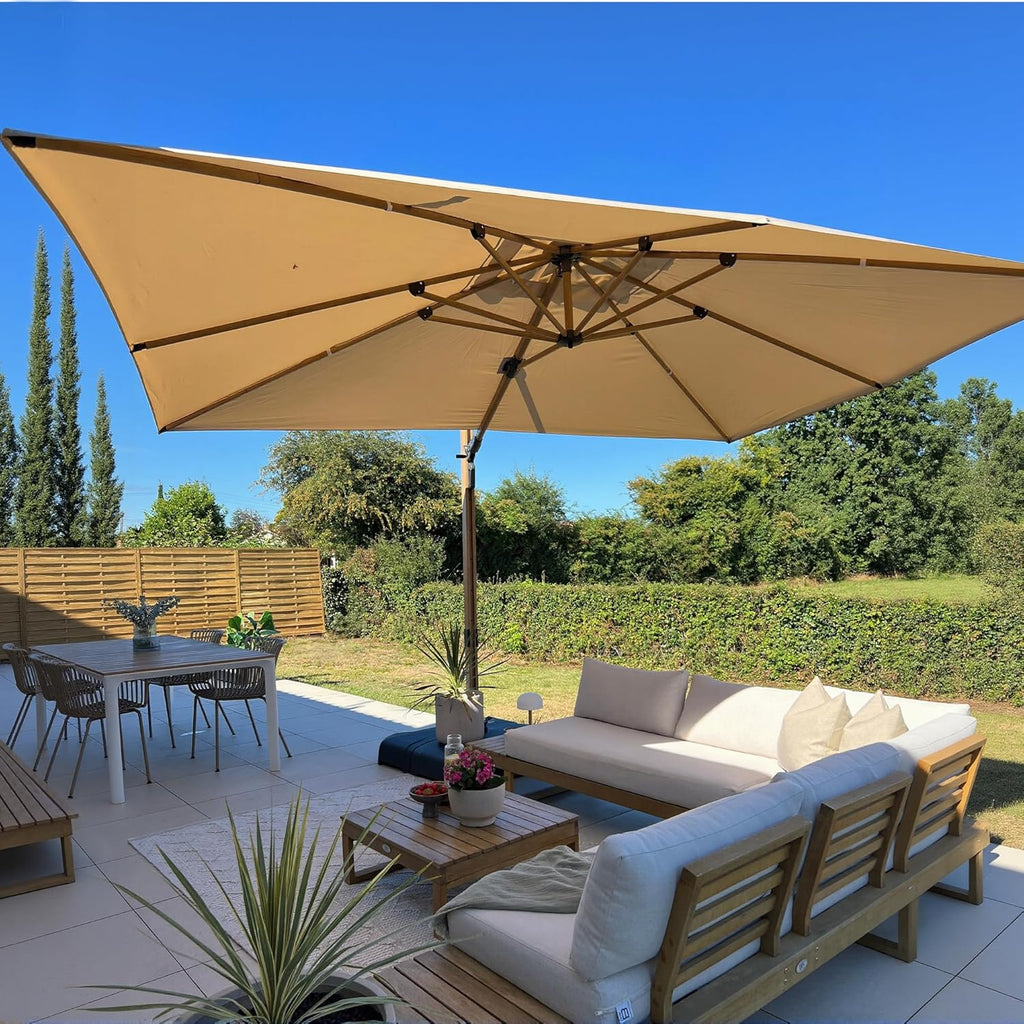 PURPLE LEAF 10' x 13' Rectangle Patio Cantilever Umbrella Large Hanging Umbrella Teak Finished Aluminum Frame Windproof Offset Outdoor Sun Umbrellas for Beach Pool Deck, Beige