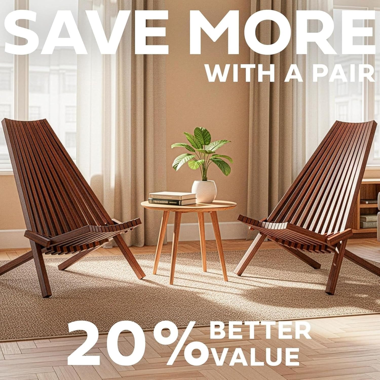 Melino 2-Pack Wooden Folding Tamarack Chair, Low Profile Outdoor Lounge Seat, Chestnut - Foldable Acacia Seating for Patio and Lawn, Portable Beach or Camping Wood Furniture