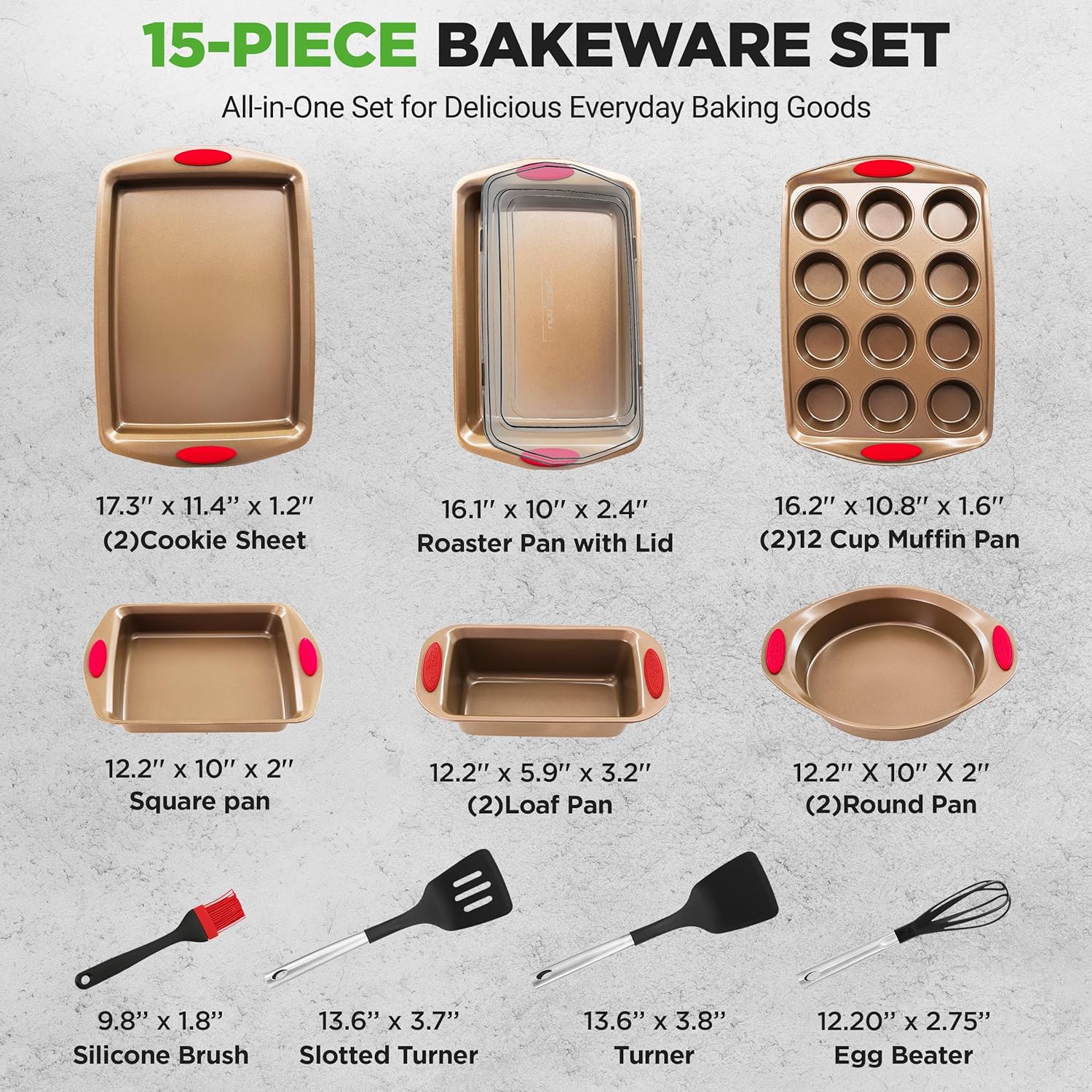 NutriChef 15-Piece Nonstick Bakeware Set w/ Baking Utensils – Premium Oven Safe Baking Pans with Silicone Handles, Easy Clean, Dishwasher Safe Tray Set for Cakes, Muffins, Bread, Cookies & Roasting