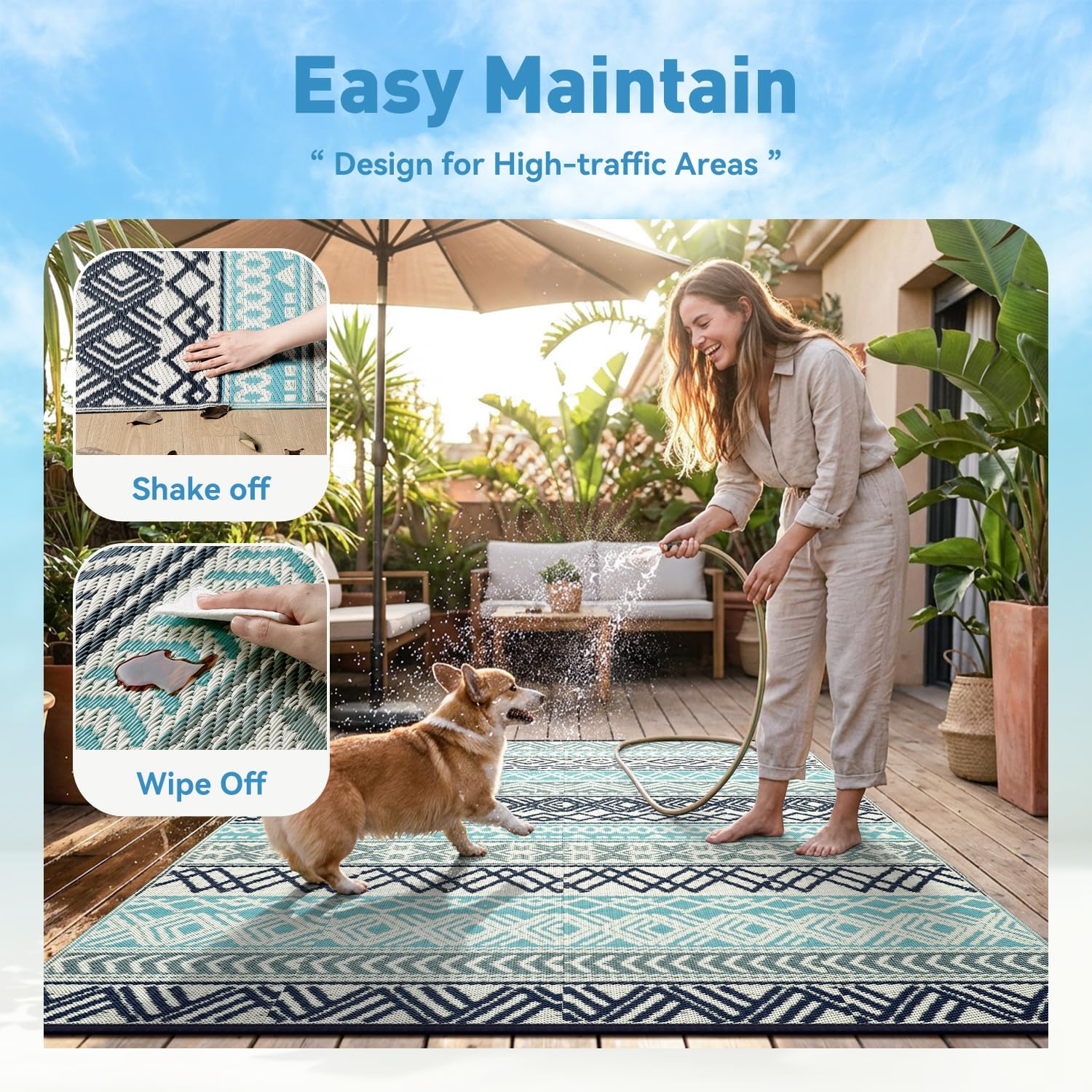 MontVoo Outdoor Rug Carpet Waterproof-Patio Rug Mat 10x14 Reversible RV Outdoor Camping Rugs Picnic Beach Mats Plastic Straw Outside Rugs for Balcony Porch Pool Deck Boho Patio Decor