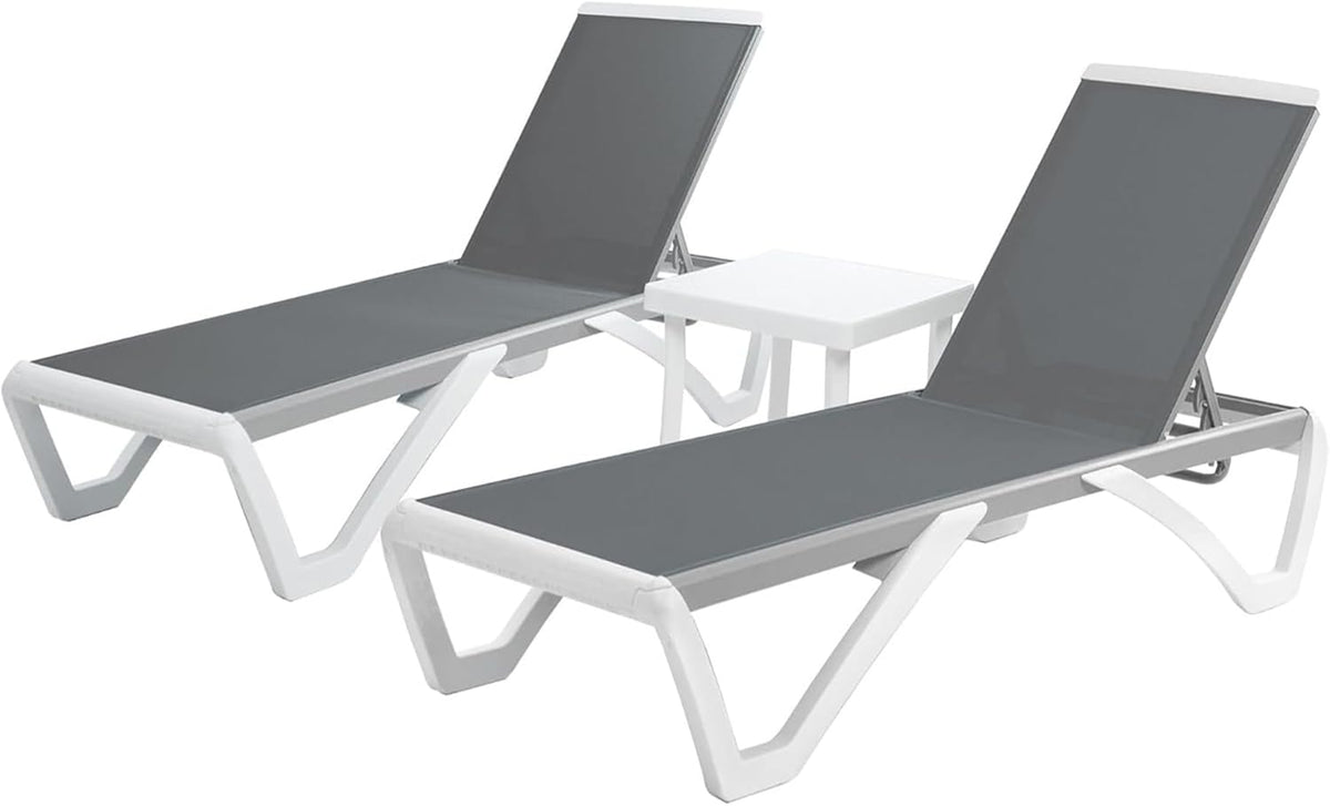 Kozyard 3-Piece Outdoor Chaise Lounge Chair Set, Fully Flat Adjustable Patio Lounger with Aluminum Frame & Resin Legs, Textilene Fabric for Poolside, Backyard & Beach (Gray, 2 Chairs + Table)