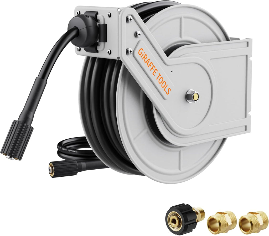 Giraffe Tools Pressure Washer Hose Reel 65ft, 1/4" Power Washer Hose Reel, Automatic Rewind, Wall Mounted, 3200 PSI