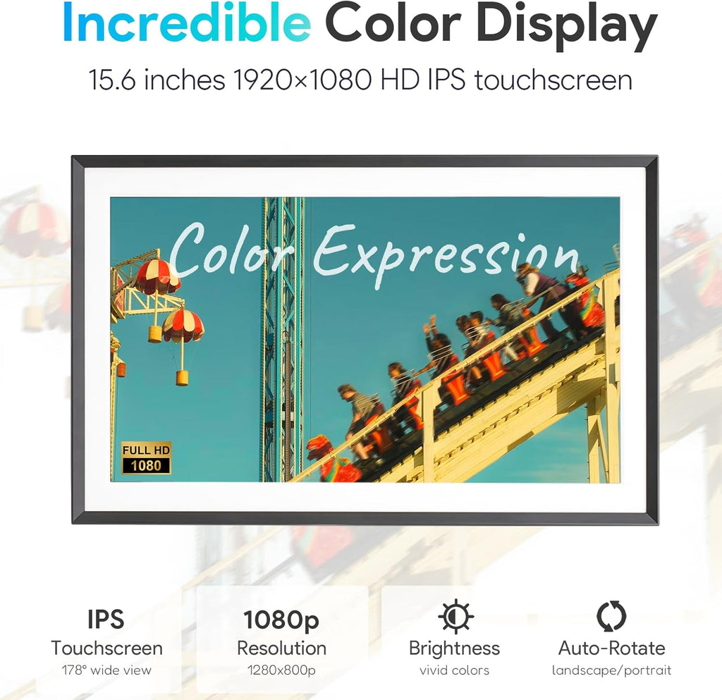 Skyrhyme 15.6'' Digital Picture Frame with 1920x1080 IPS Touch Screen, 32GB Frameo WiFi Digital Photo Frame, Share Photos/Videos and Send Best Wishes via Free App