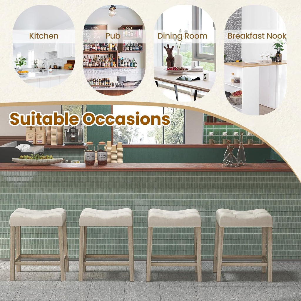 Giantex 24" Bar Stools Set of 4, Upholstered Counter Height Saddle Bar Stools with Footrest and Wood Legs, Farmhouse Button Tufted Backless Barstools for Kitchen Island, Dining Room, Cafe, Beige