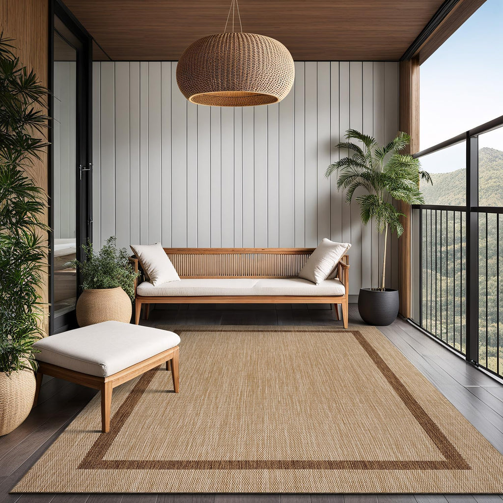 Luul Home Bordered Outdoor Rug 9x12 Washable Outside Carpet for Indoor Patio Porch Waterproof Easy Cleaning Non Shedding Area Rugs Jute Beige - Nut Brown 9 x 12