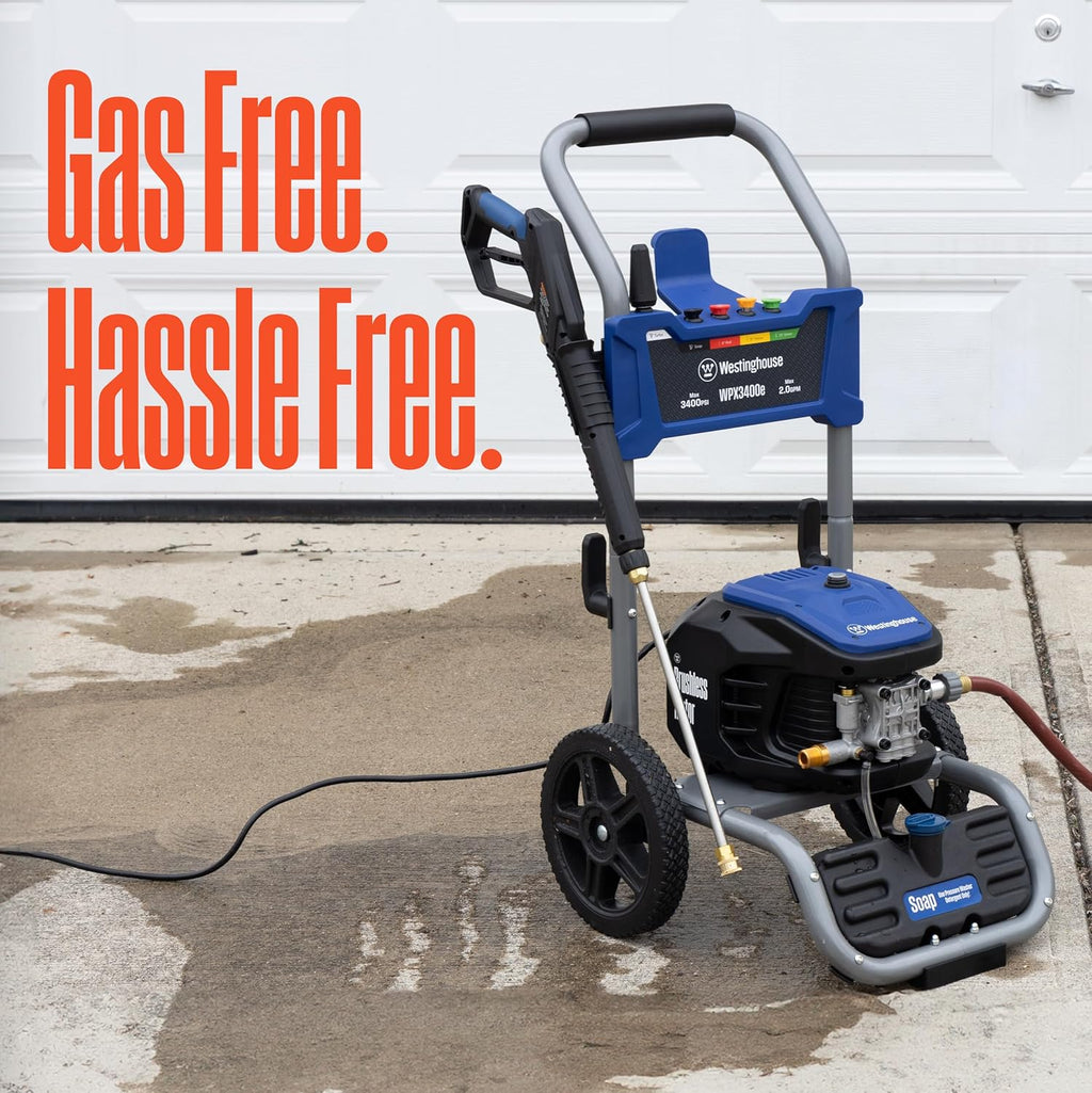Westinghouse WPX3400e Electric Pressure Washer, 3400 Max PSI and 2.0 Max GPM, Brushless Motor, Onboard Soap Tank, Spray Gun and Wand, 5 Nozzle Set, for Cars/Fences/Driveways/Homes/Patios/Furniture