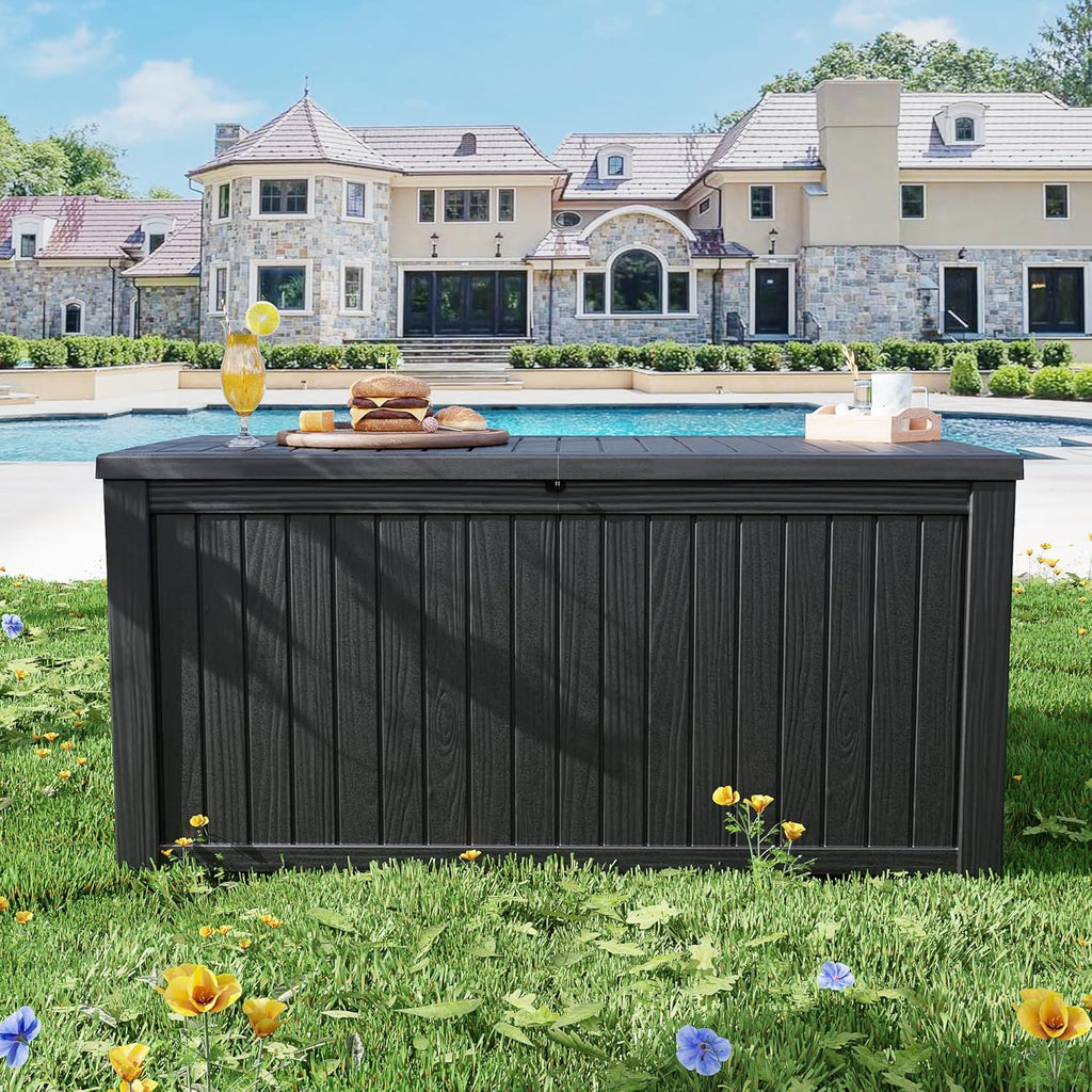 Outdoor Storage Box Waterproof, 200 Gallon Lockable Resin Large Deck Box, Patio Storage Bin for Pool Accessories Cushion Furniture, Garden Tools, UV-Resistant Outside Delivery, Black
